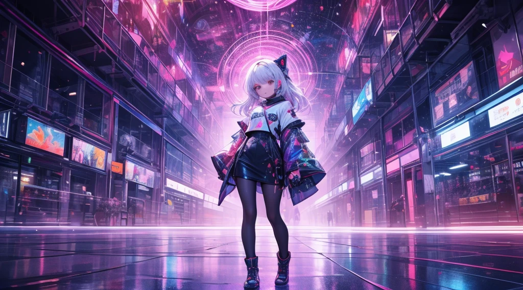 Masterpiece designs by the world's top AI artists, top-quality, 8K, High image quality, (Paint splashes)，Colorful ，Glow Color，lamplight，The Girl，(full body Esbian)，Look at the camera，Slime Girl，Glass-like outfits，Sleeves glow，large round eyes，cute little，The sky is wide，Interdimensional space、Fractal Art，Cyber City