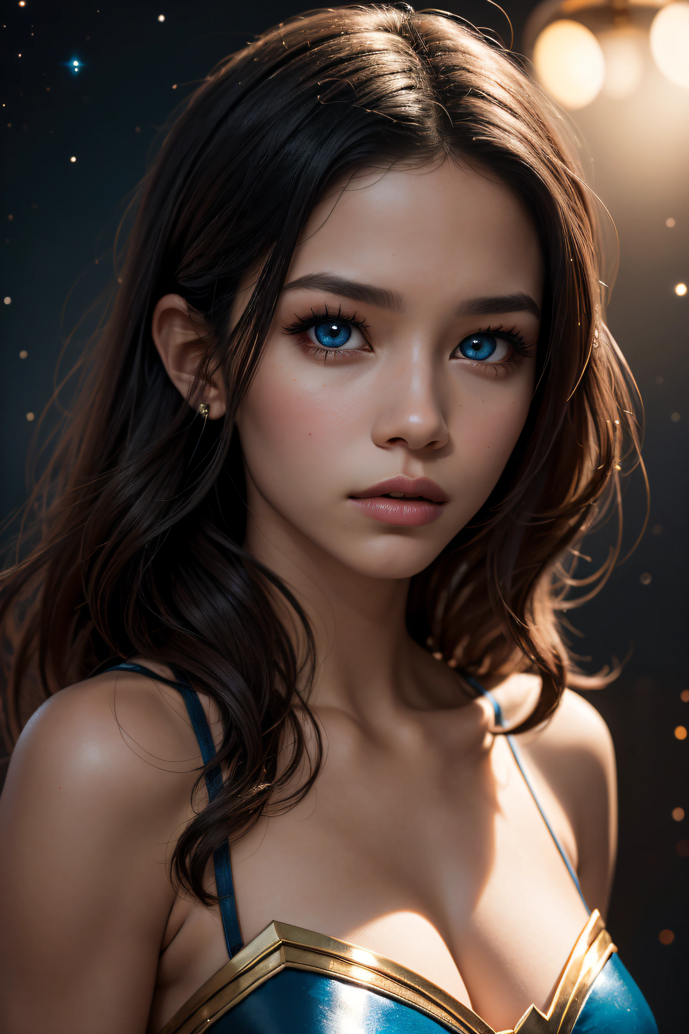 Jenna Ortega, wearing super girl costume sexy clothes. professionally retouched, soft lighting, realistic, smooth face, perfect eyes, sharp focus on eyes, 8 k, high definition, insanely detailed, intricate, elegant. in a cosmos background.