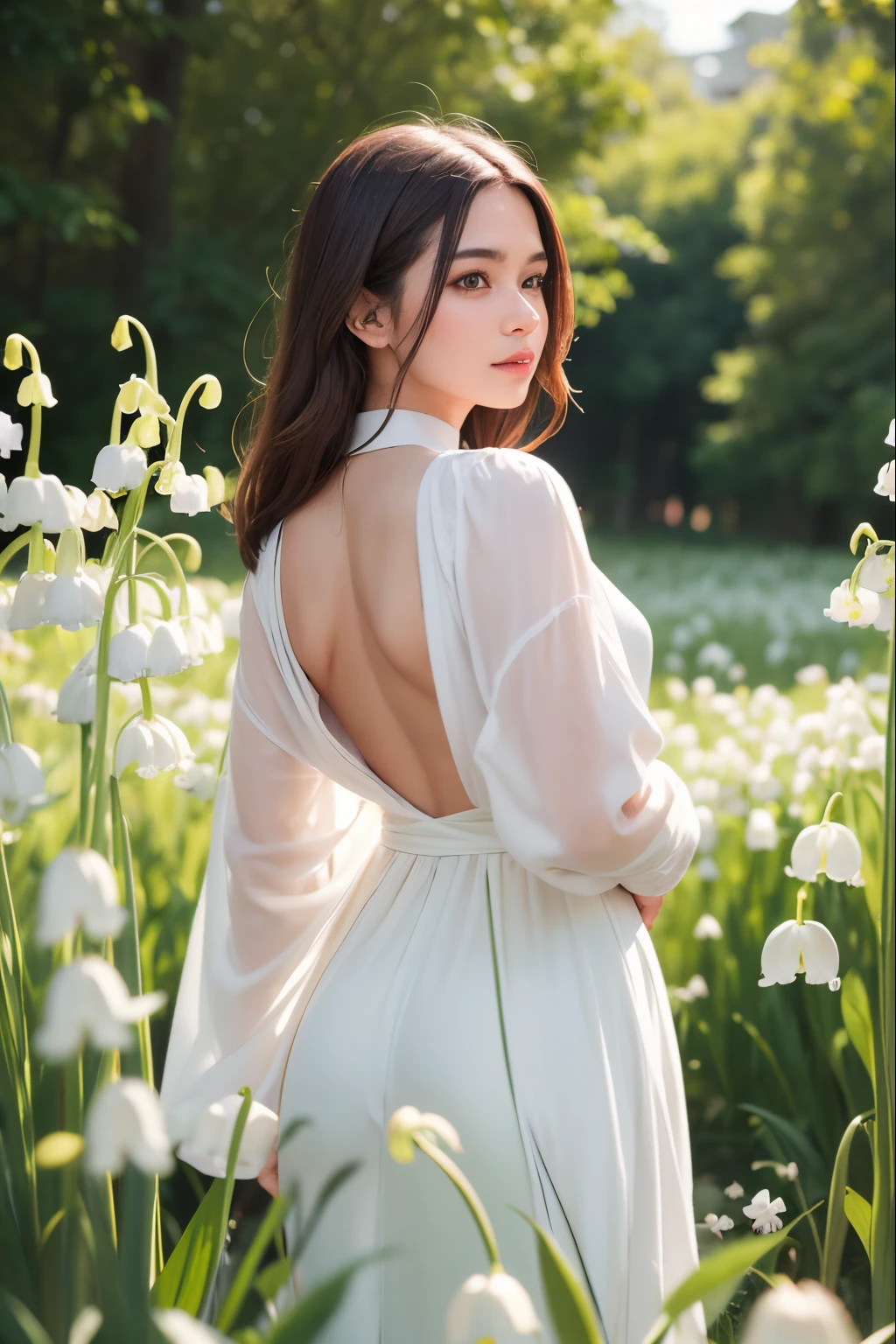 Beautiful portrait of a beautiful  girl in Lily of the valley field, Science fiction、 hips up high、A detailed eye, Art Station, foco nítido, Photorealsitic, 35 mm, Ultra Detail, radiant light、Background bokeh、Taken from behind