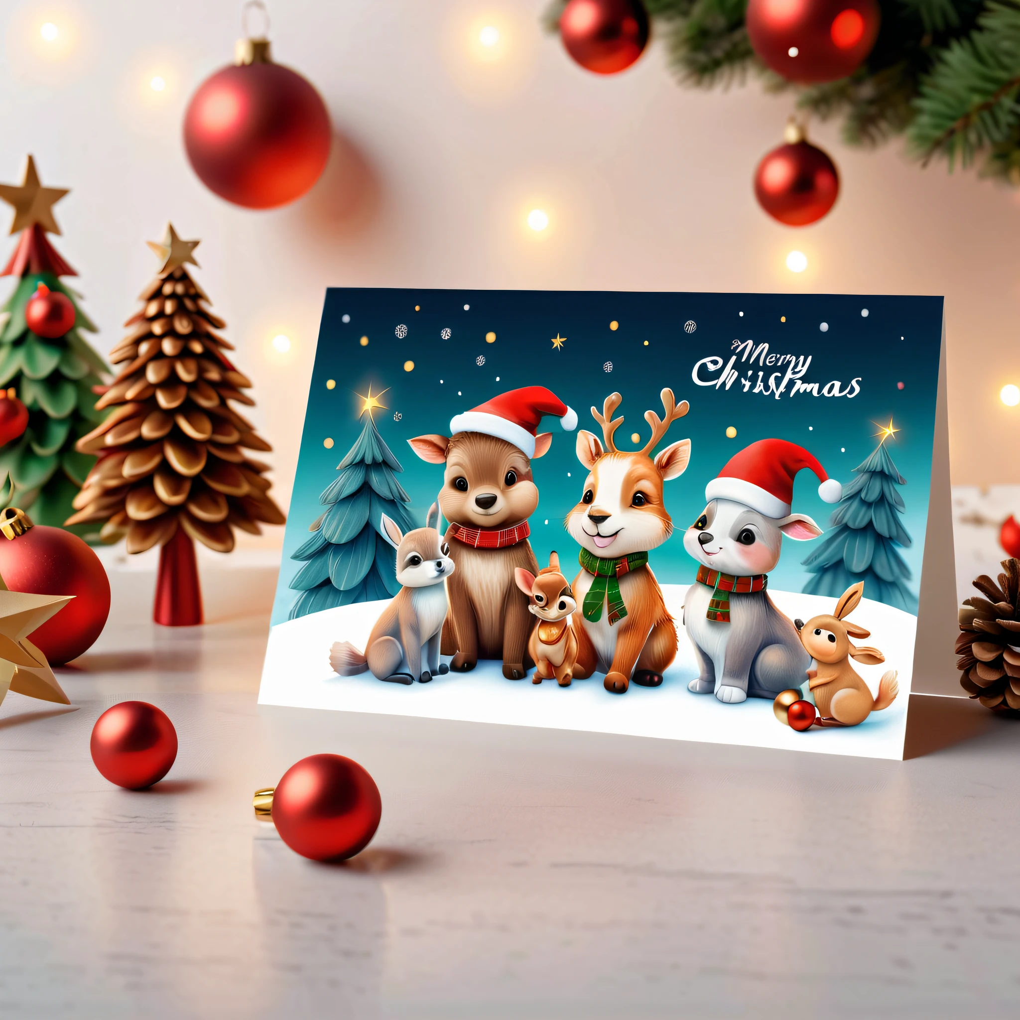 There a beautiful postcard on the table, On the front an image of cute animals celebrating Christmas, The back has traditional text formatting and graphics, senior color matching, gradient backgrounds, white border frame, The content very detailed, Reasonable design, Clear lines, k hd , Best quality at best, tmasterpiece, offcial art, movie light effect, 4K