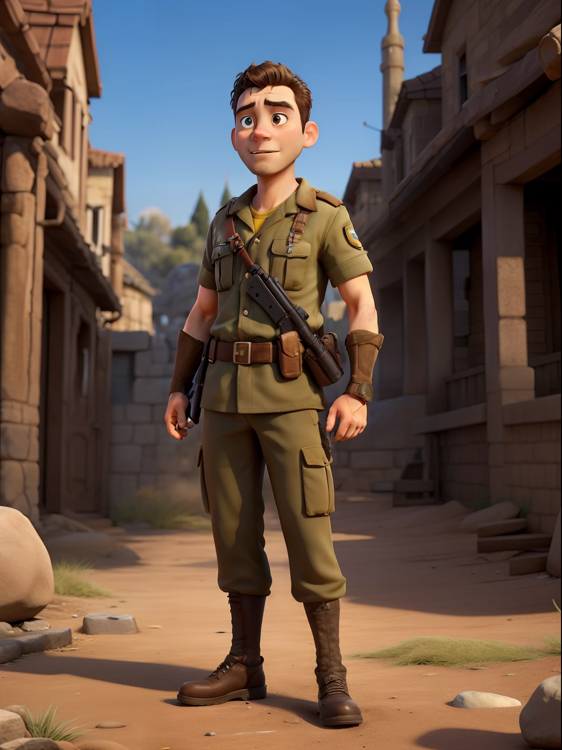 Israeli soldier, movie poster style, Disney style, large inscription above: iron swords, color: yellow