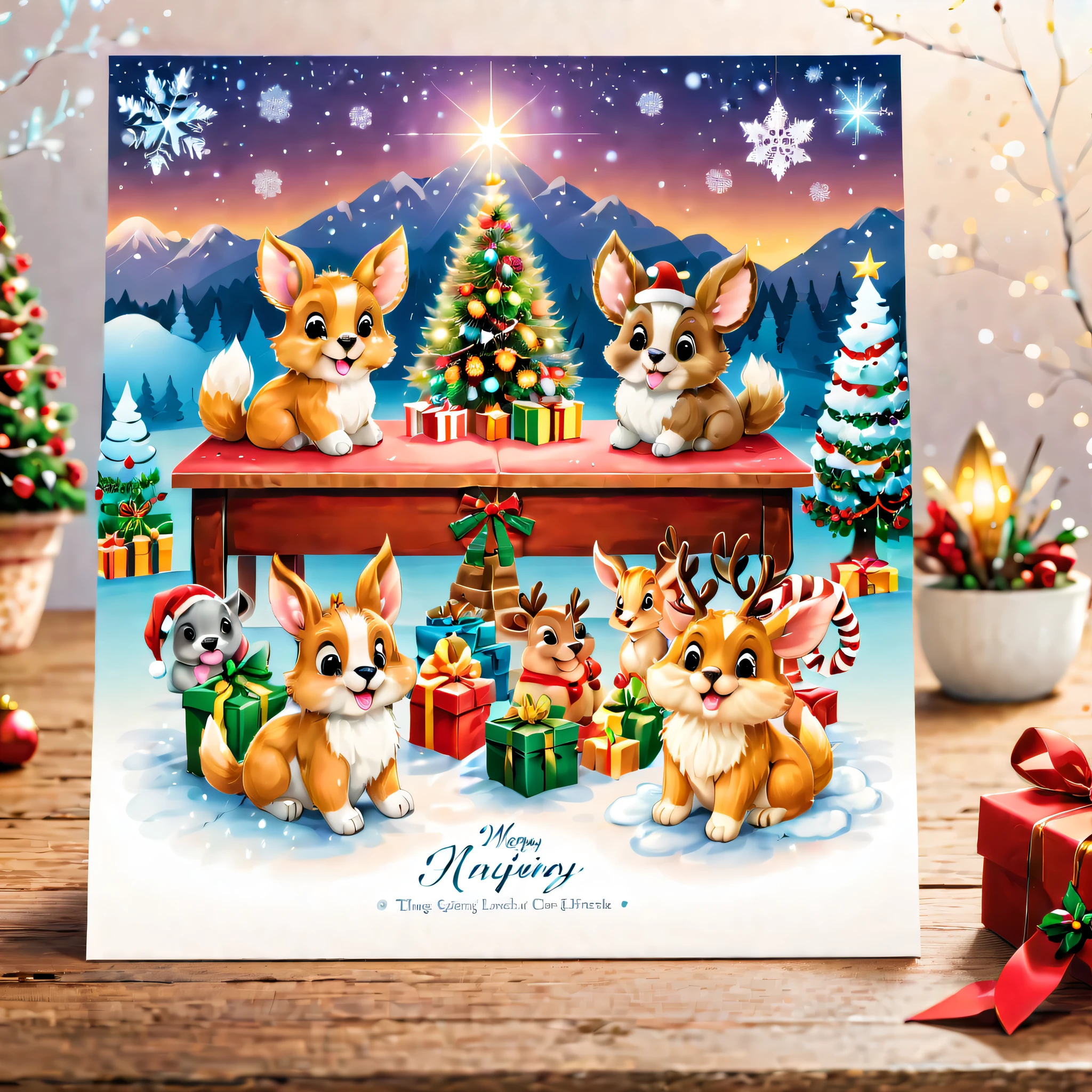 (There  a beautiful postcard on the table: 1.5), On the front  an image of cute animals celebrating Christmas, The back has traditional text formatting and graphics，senior color matching，gradient backgrounds，white border frame，The content  very detailed，Reasonable design，Clear lines，High- sharpnesest quality at best，tmasterpiece，offcial art，movie light effect，4K