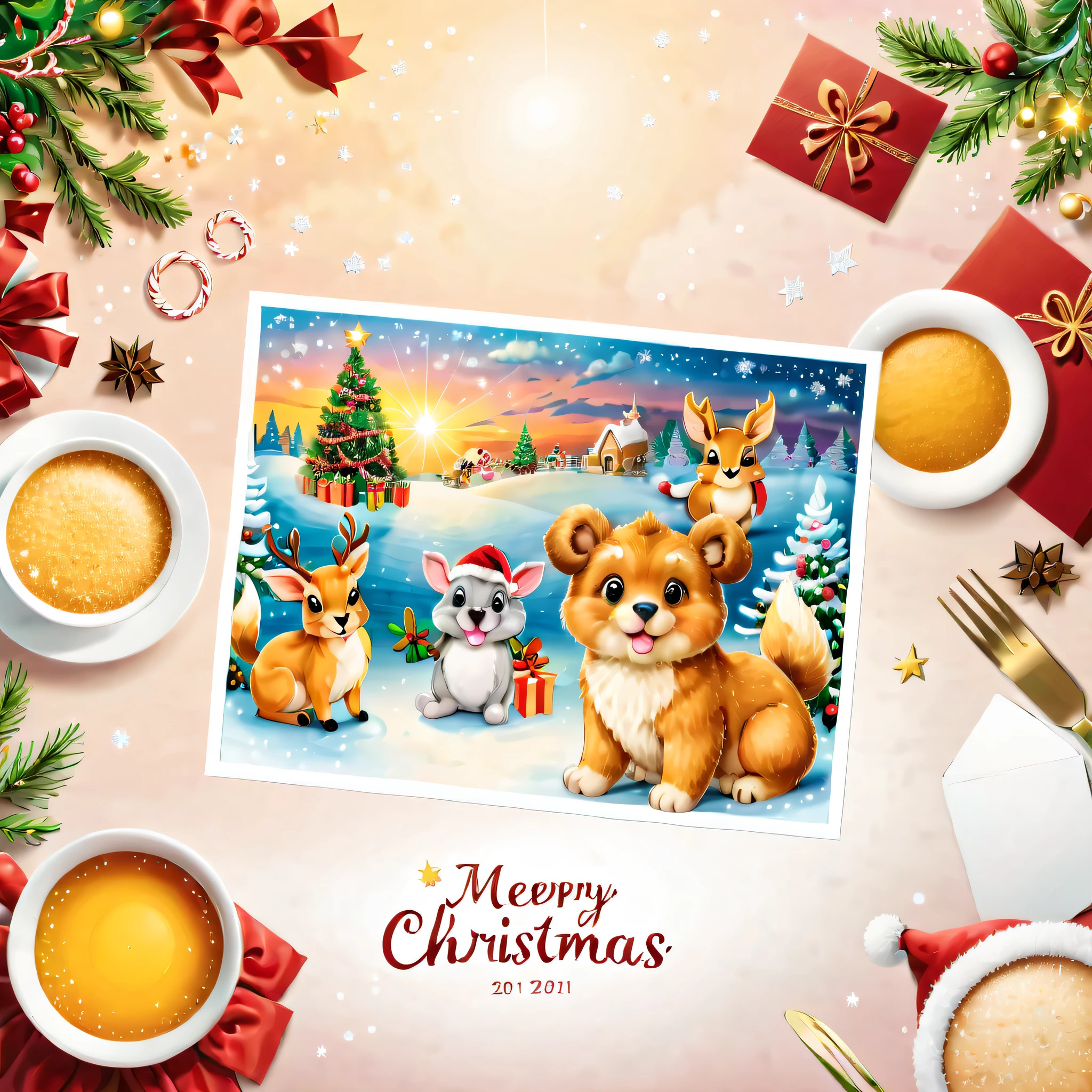 (There  a beautiful postcard on the table: 1.5), On the front  an image of cute animals celebrating Christmas, The back has traditional text formatting and graphics，senior color matching，gradient backgrounds，white border frame，The content  very detailed，Reasonable design，Clear lines，High- sharpnesest quality at best，tmasterpiece，offcial art，movie light effect，4K