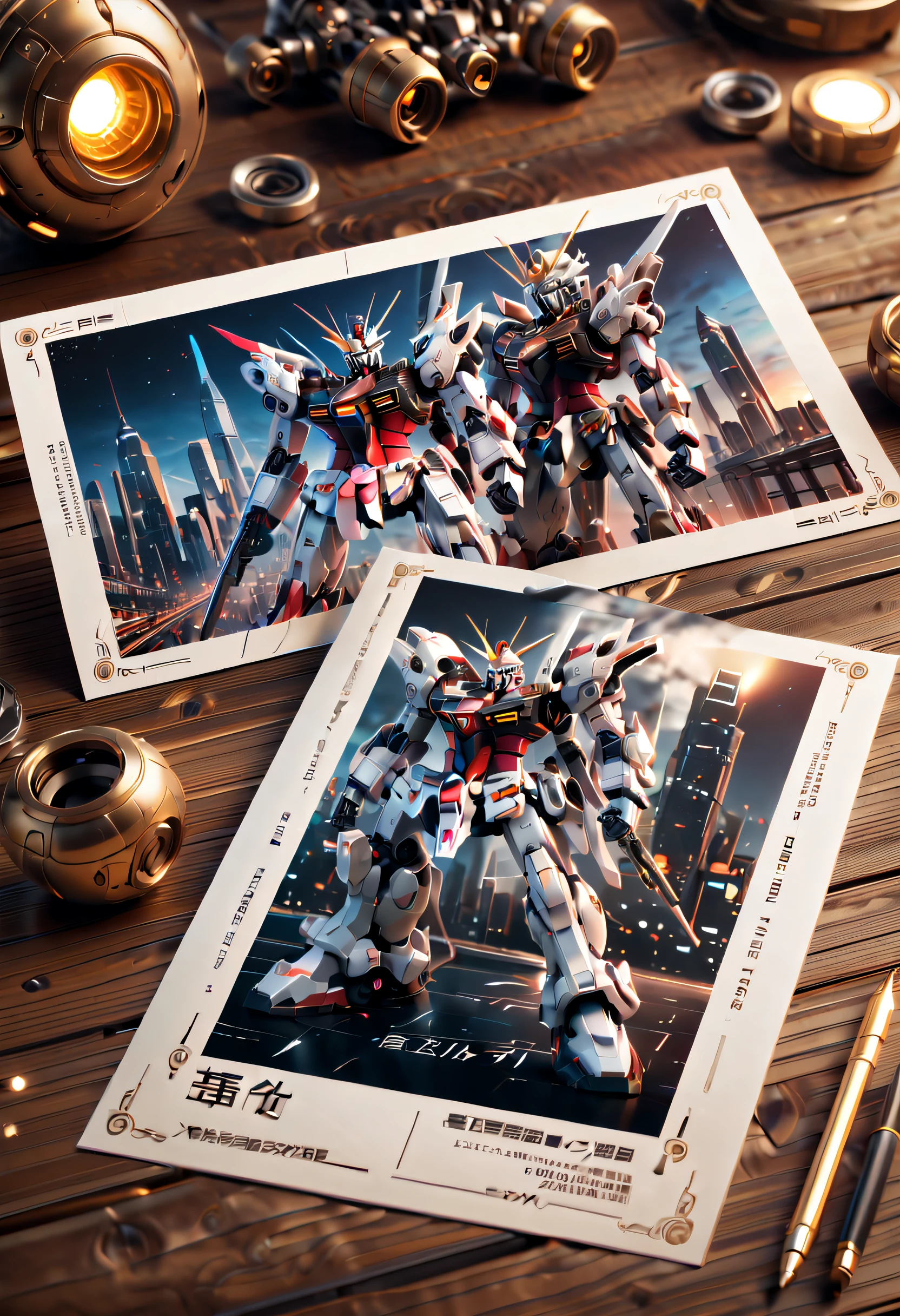 (There  a beautiful postcard on the table: 1.5), On the front  the image of Future Mechanical Gundam City, The back has traditional blank line text formatting and graphics, beijing_Up_SDXL