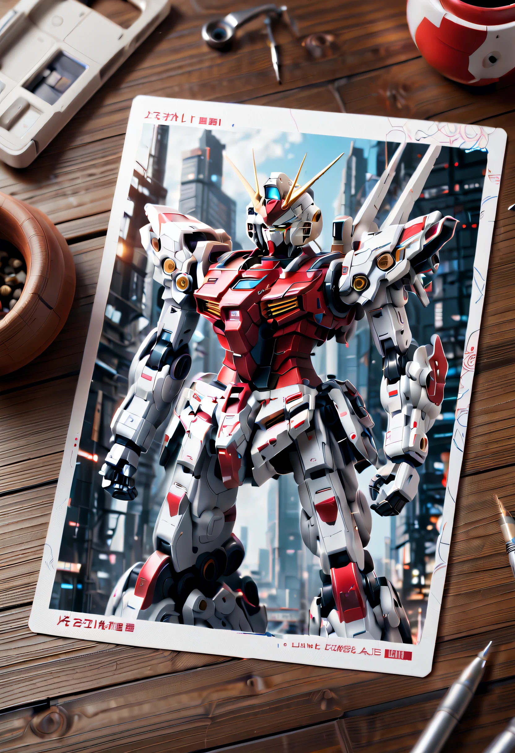 (There  a beautiful postcard on the table: 1.5), On the front  the image of Future Mechanical Gundam City, The back has traditional blank line text formatting and graphics, beijing_Up_SDXL