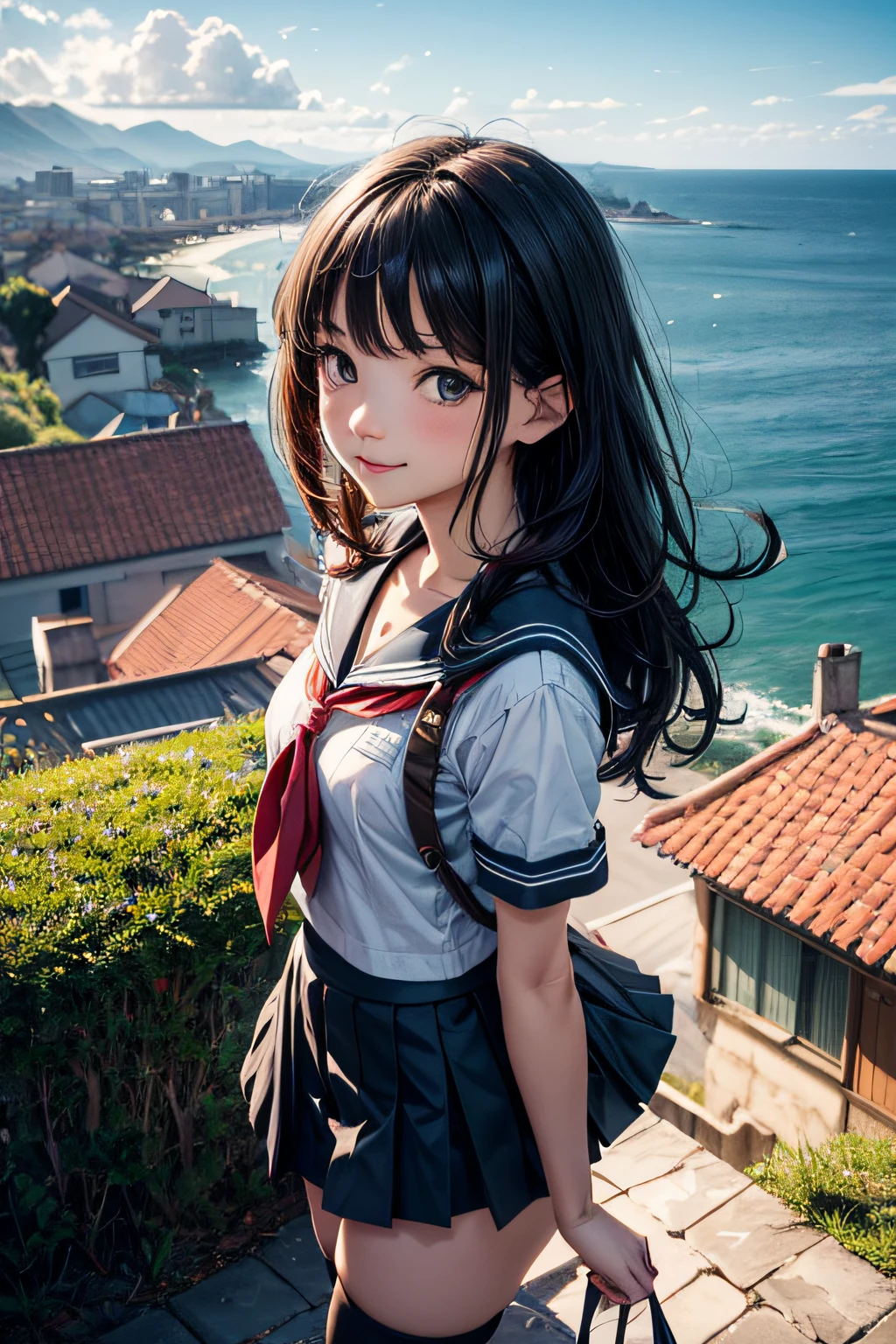 A very cute and beautiful high school girl looking at the sea on the hill,(very detailed beautiful face and eyes:1.2),Smile,Cowboy Shot,
Seifuku,(Mini skirt),Black hair,Beautiful legs,zettai ryouiki,(Looking at the sea,From the top of the hill),House with a red roof,Detailed landscapes,
(Best Quality,masutepiece:1.2),Intricate details,hight resolution,Solo,
Dynamic Angle,Natural lighting,Hair fluttering in the wind,Beautiful detailed sky,