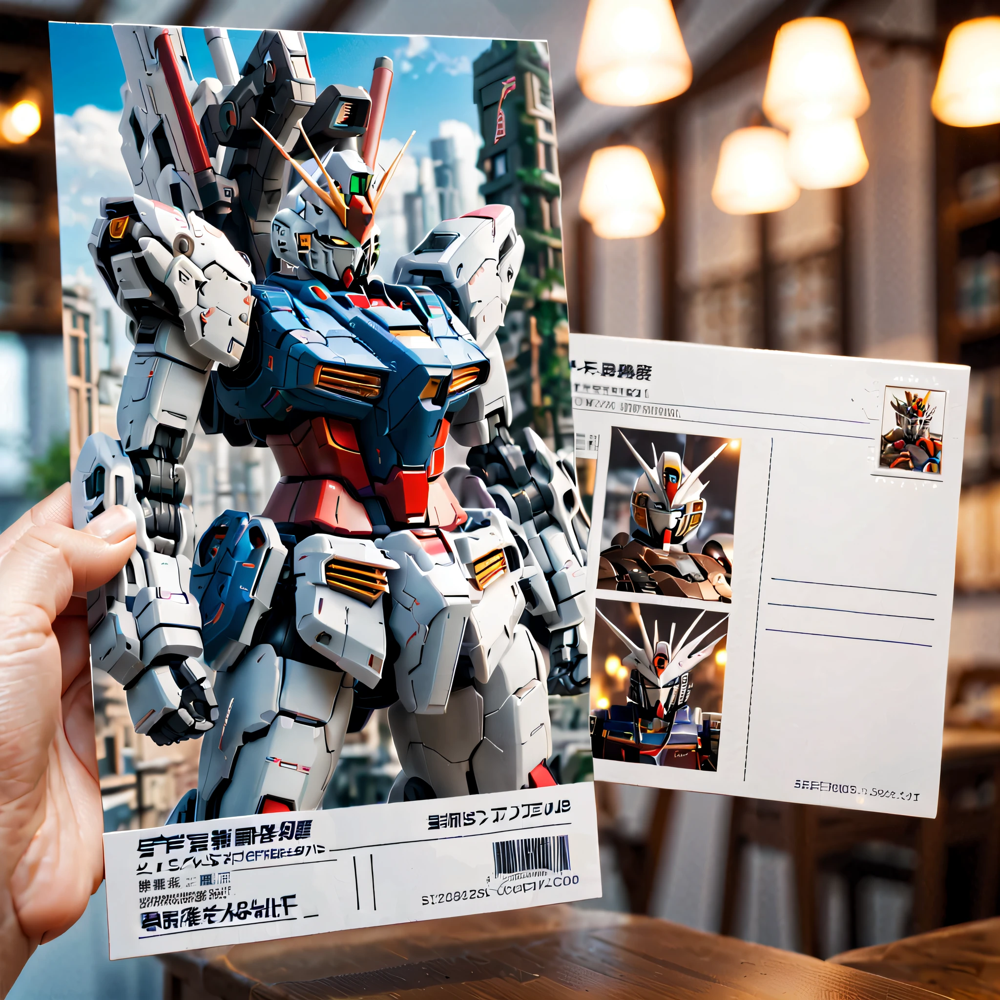 (There  a beautiful postcard on the table: 1.5), The front of the postcard shows the image of the future Mecha Gundam City, Traditional lines on the back, text and boxes.