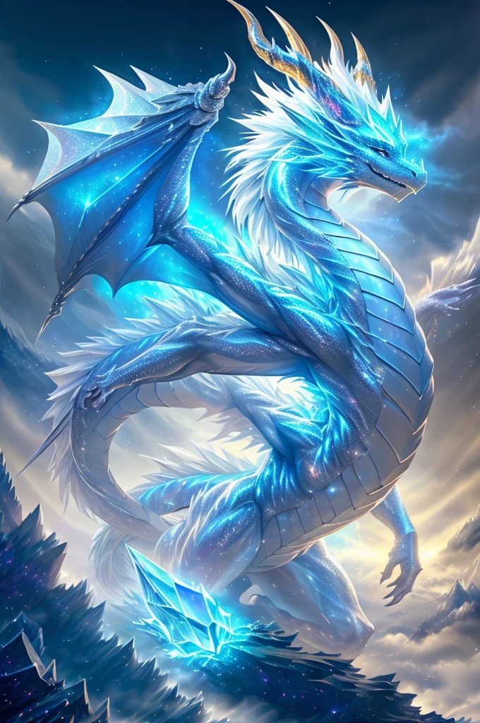 (realisitic:1.5), (photorealestic:1.2), more detailed, rendered, Glass Dragon, light blue, beutiful , powerfull, sparkling with crystals, diamond claws, horns decorated with crystals, diffused lighting, Mystical Illumination, magic fog, stands on a mountain , Dynamic poses, profile, sinuous, elegent, (Dynamic background), very detailled, elegent, Sharp focus, photo by Greg Rutkowski, soft-lighting, Bright color, IvoryGoldAI (Battlefield:1.2)