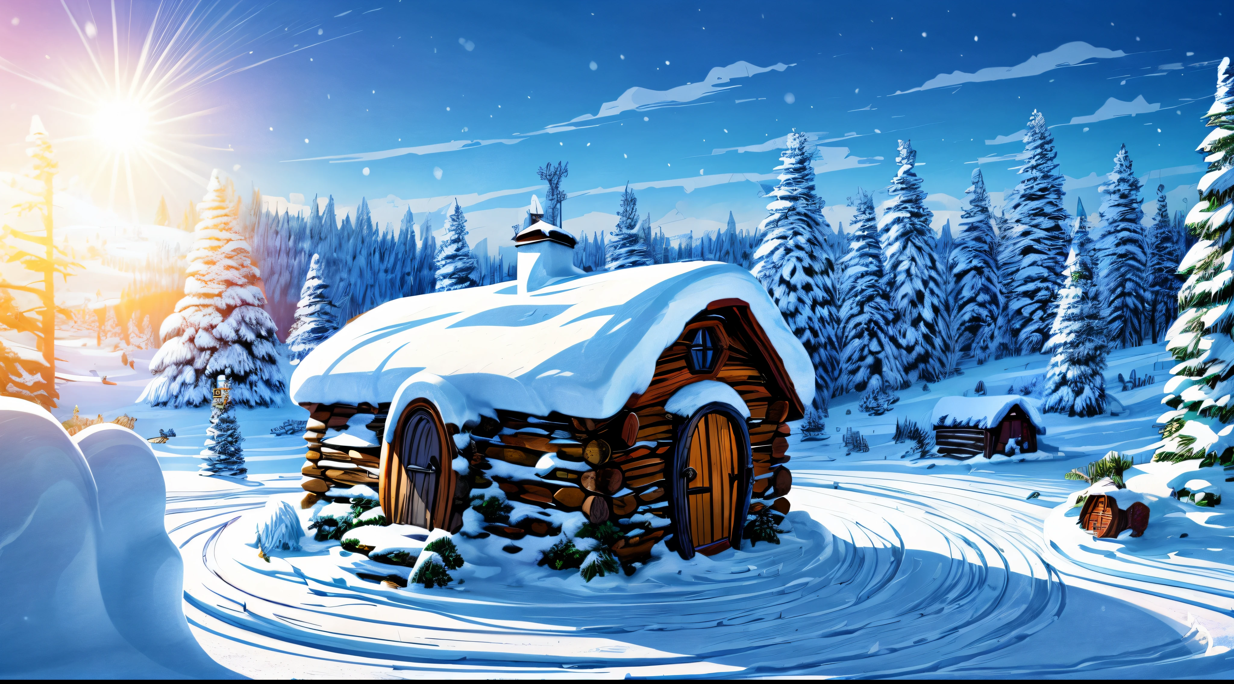 Bright, Cartoon style, a beautiful landscape without people with the image of the forest witch's hut in the center of the image, ((Winter sunny day)), illustration for children, Masterpiece, Blizzard in the background, winter, Falling snow, Detailed, Intricate, 4k, Art