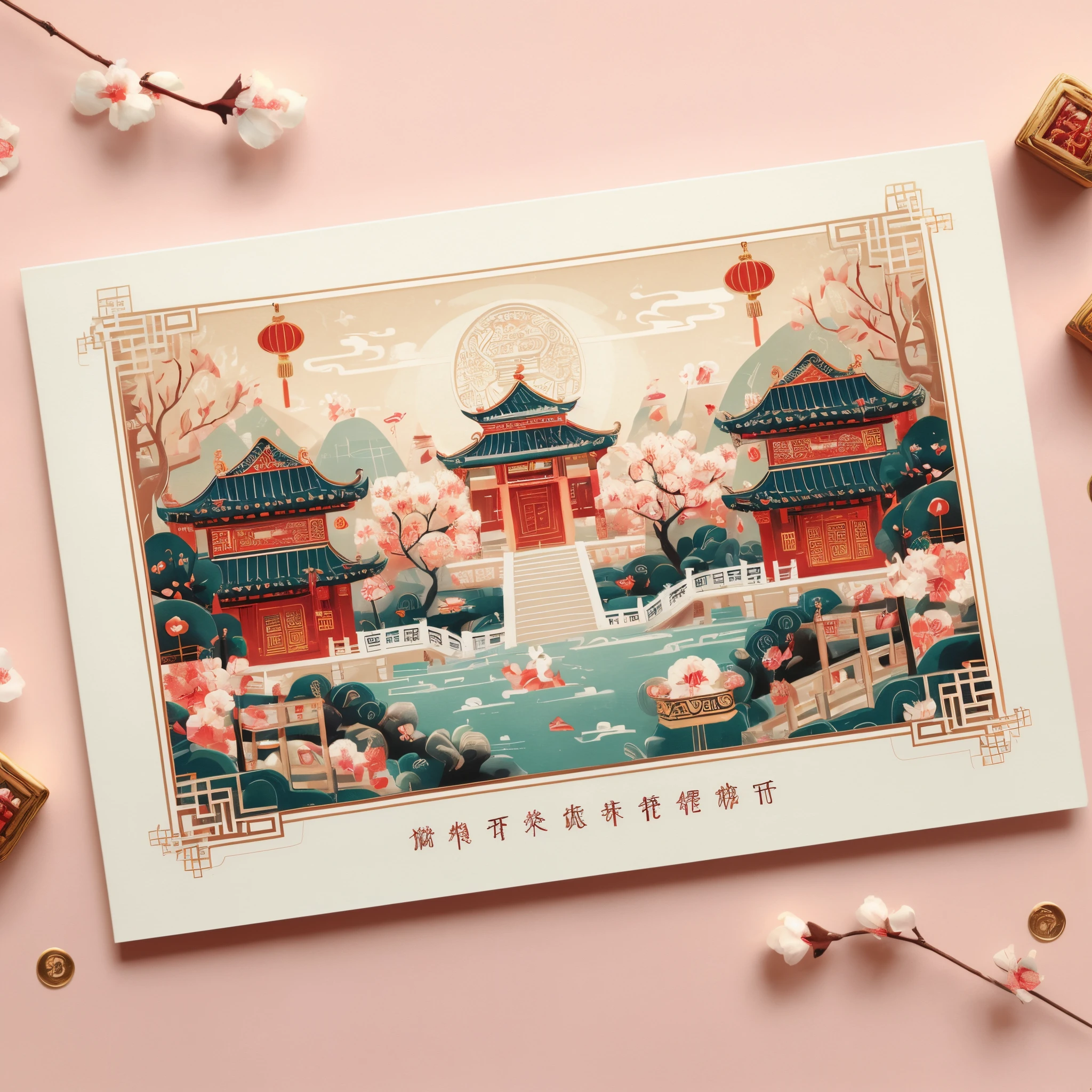 (postcard: 1.8),（China - Chic Chinese New Year Landscape，anatomy correct，Oriental elements，The Chinese New Year scene  used as the front of the postcard, and the traditional text  used as the back of the postcard），（China - stylish postcard：1.5，Vector painting：1.5），（Chinese colors，senior color matching，gradient backgrounds，white border frame: 1.5），（The  very detailed，Reasonable design，Clear lines，High- sharpnesest qualtiy，tmasterpiece，offcial art，movie light effect，4K）