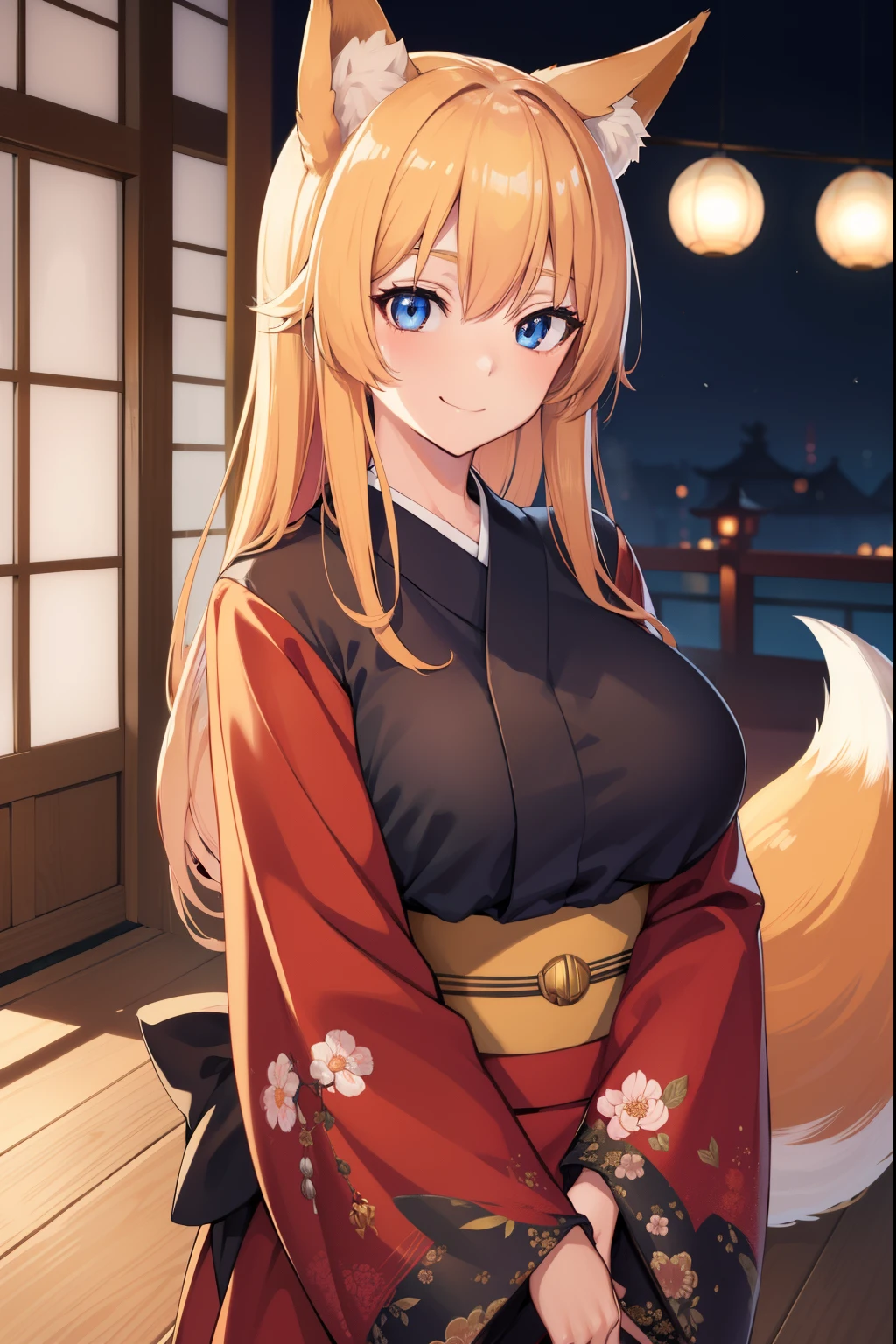 animal ear fluff, Animal ears, Fox ears, Fox Girl, Fox tail, Golden hair, tail, Kimono, Big breasts pushing up the kimono,A smile, Blushing cheeks,  On the porch of the Japanese-style room,
looking at the viewers, 
BREAK (masutepiece:1.2), Best Quality, High resolution, Unity 8k壁纸, (Illustration:0.8), (Beautiful detailed eyes:1.6), extra detailed face, Perfect Lighting, extremely details CG, (Perfect hands, Perfect Anatomy),