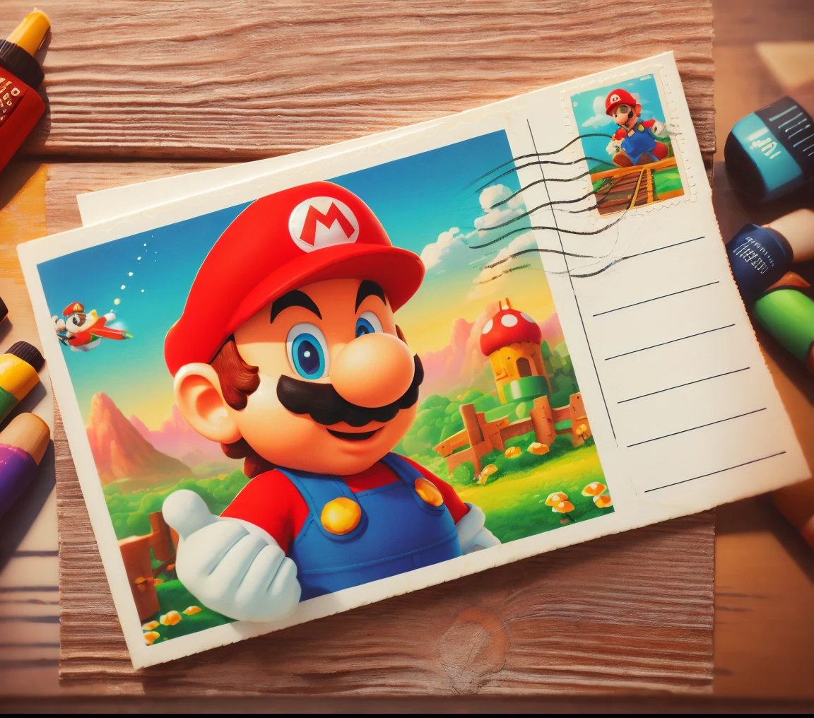 (There a beautiful postcard on the table: 1.5),(postcard style, 1 beautiful postcard,Super Mario image on the front,Text format and graphics are on the back),(Vector painting:1.5),(senior color matching,gradient backgrounds,white border frame: 1.5),(The content very detailed,Reasonable design,Clear lines,high definition quality,tmasterpiece,offcial art,movie light effect,4K)