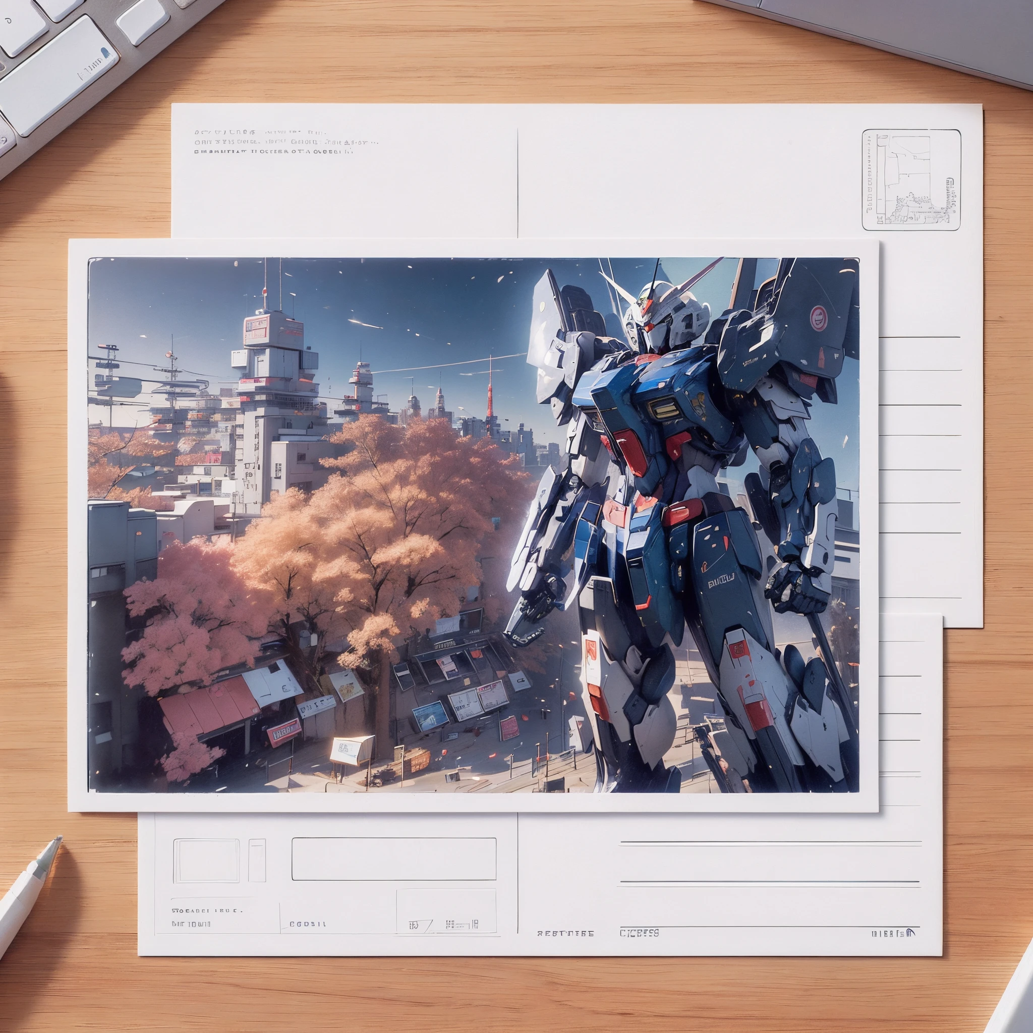 (There  a beautiful postcard on the table: 1.5), The front of the postcard shows the image of future Mecha Gundam City, There  a thread on the back, text and boxes.