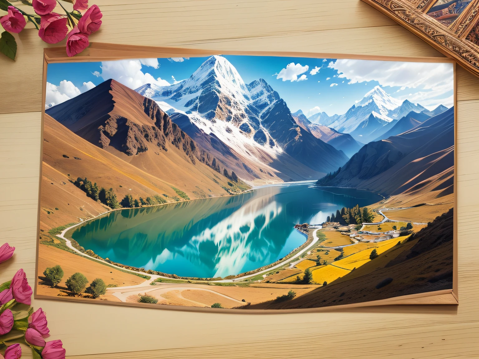 (postcard style), (Postcard with photo frame:1.2), Postcard of Phoksund Lake in Dolpa district, Nepal, (masutepiece), (Best Quality), (ultra high detail)