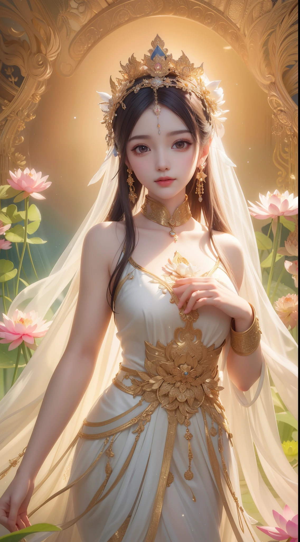 Arahed statue of a woman in a white dress with a crown and a lotus flower, gilded lotus princess, ross tran 8 k, standing gracefully upon a lotus, a beautiful fantasy empress, alphonse mucha and rossdraws, by Li Song, by Yang J, a stunning portrait of a goddess, goddess portrait, ethereal beauty, Goddess. extremely high detail