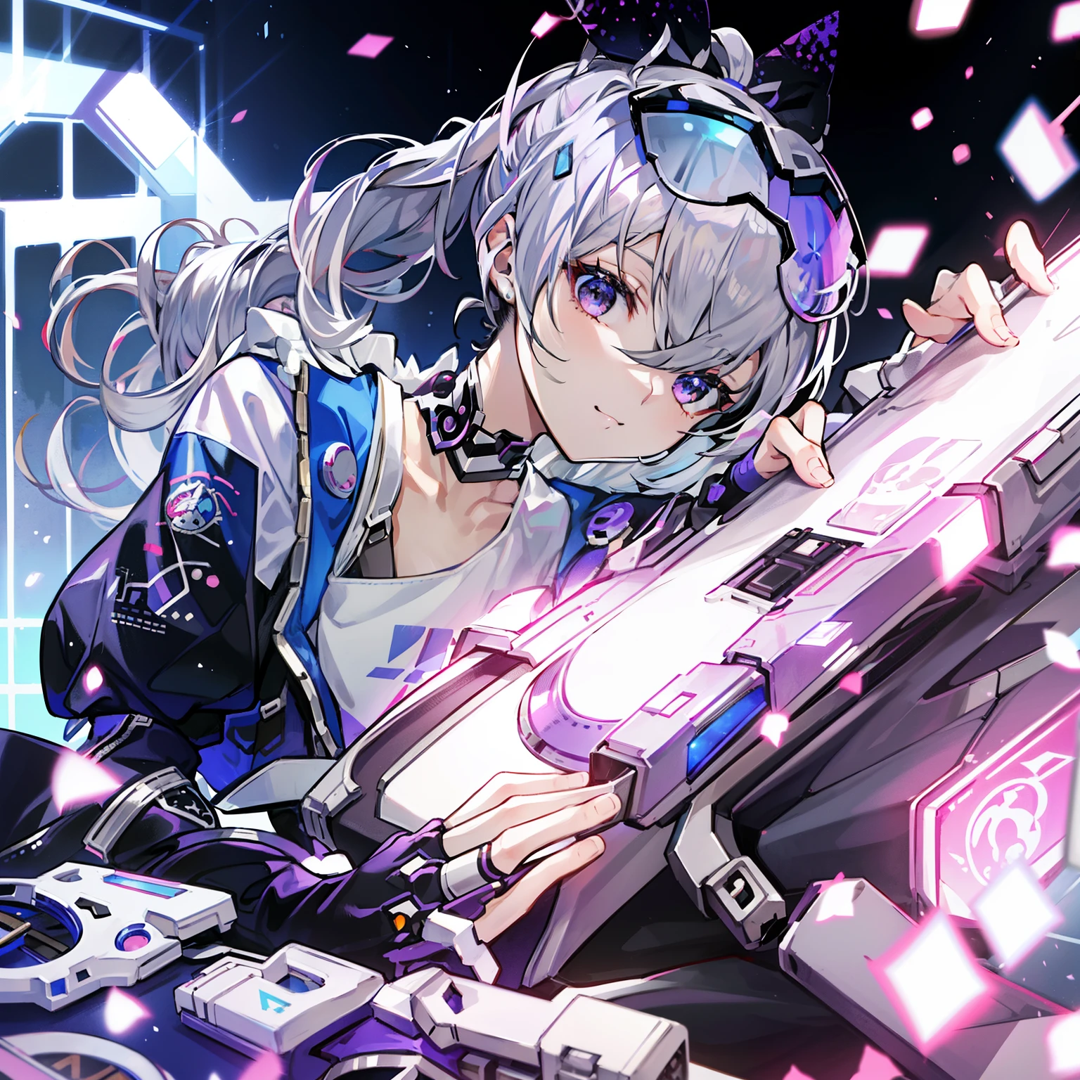 masutepiece, Best Quality,1girll,solo person,white color hair,High Ponytail,Silver eyes,Best Quality ,masutepiece, Illustration, extremely delicate and beautiful, Extremely detailed ,nffsw ,shallow smile,Look at the other party,Cyberpunk Personality,garments:jaket