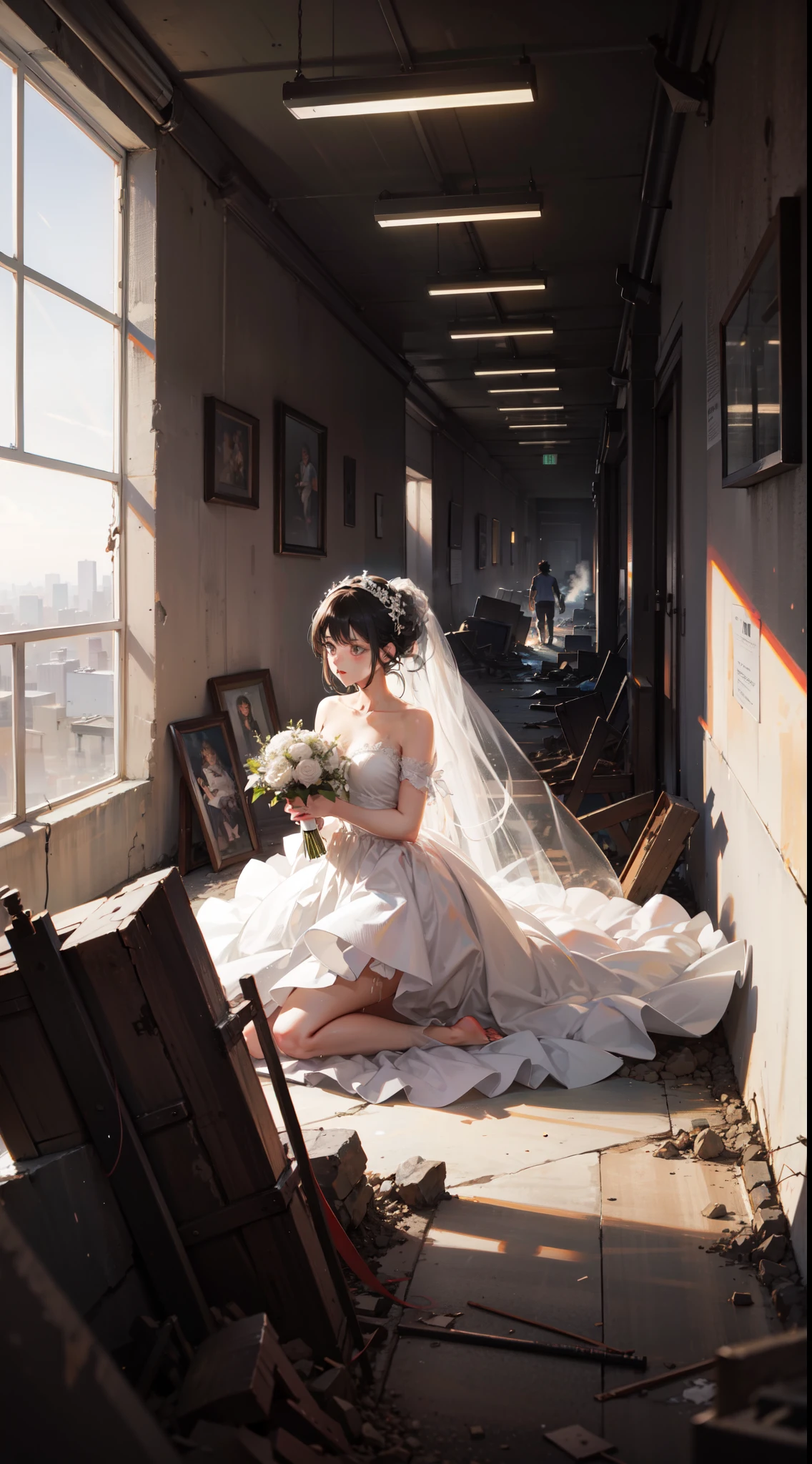 A beautiful young girl in torn dirty wedding dress kneeling amidst rubbles of a war-torn fallen city, people running, smoke, smog, light particles, fire, somber, innocence and devastation, UHD, HDR, Colored pencil drawing, Broken Glass effect, aesthetic, Digital art style by Artgerm, Yusuke Murata, very intricate and hyper-detailed Composition by Rella
