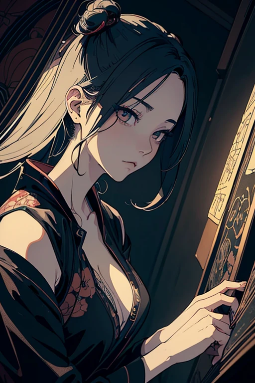 A perfect woman, perfect anime woman, gentle and lovely mature and beautiful woman, underworld female BOSS, full body photo, special angle shooting, exquisite sexy collarbone, charming face, double eyelids, smart peach blossom eyes, pink lips, small upturned nose, bare shoulders, focused, exquisite face, ultra HD, super details, elegant posture, traditional hairstyle, transparent silk robe, majestic expression, slender and tall, big breasts, long legs, retro anime style