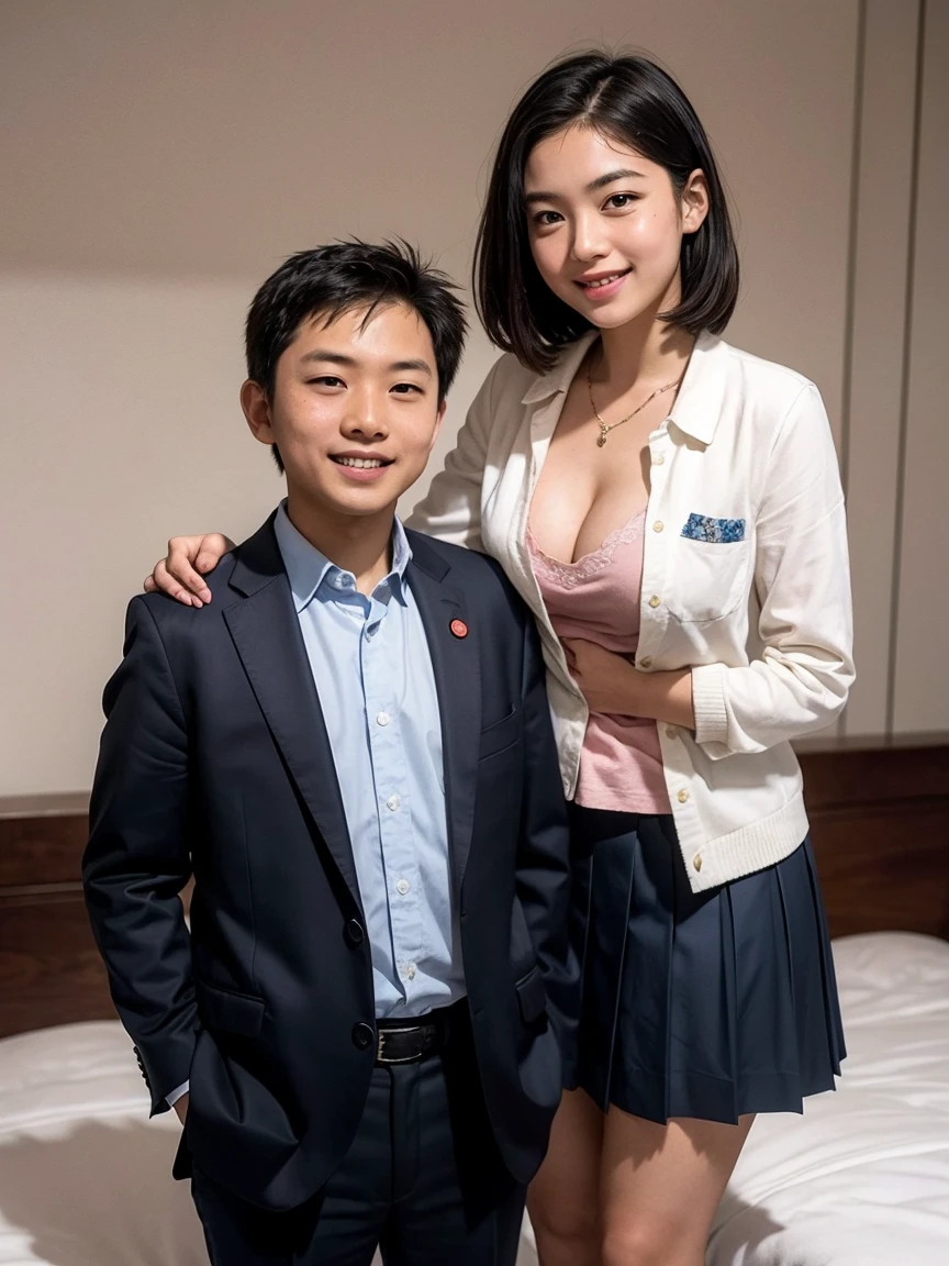 55-year-old short-haired male politician poses with 13-year-old flat-chested girl, Smile shyly, has cleavage, Real light, on the bed BREAK
(school uniform), girl