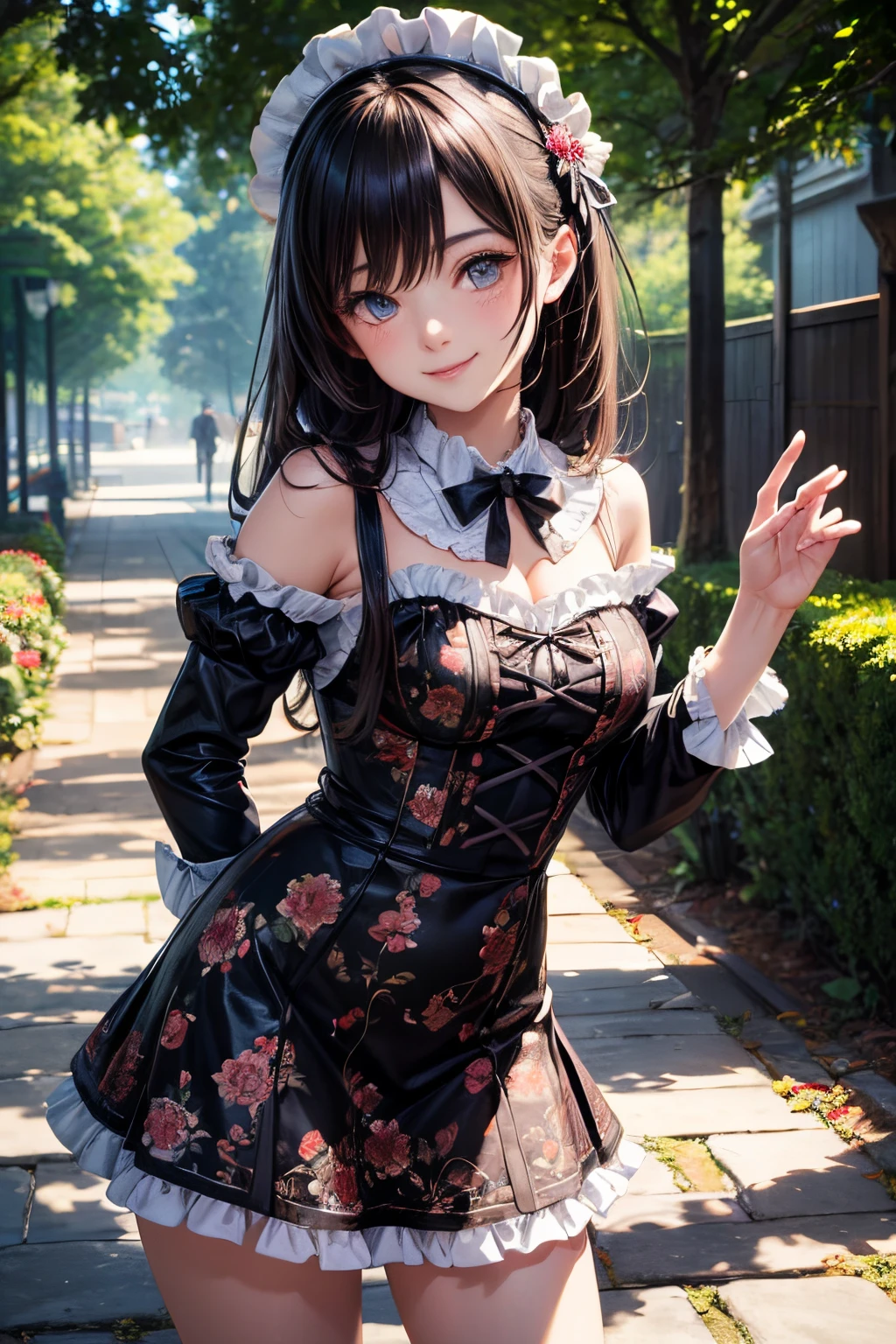 very cute and beautiful girl,(highly detailed beautiful face),(smile),
black hair,looking at viewer,stylish pose,beautiful legs,cowboy shot,
floral pattern brown lolita dress with detailed frills,
flower garden,stone pathway,distant trees,
(best quality,masterpiece:1.0),absurdres,highres,ultra-detailed,extremely detailed,32k,8k resolution,
intricate details,cinematic scene,detailed background,solo,dynamic angle,