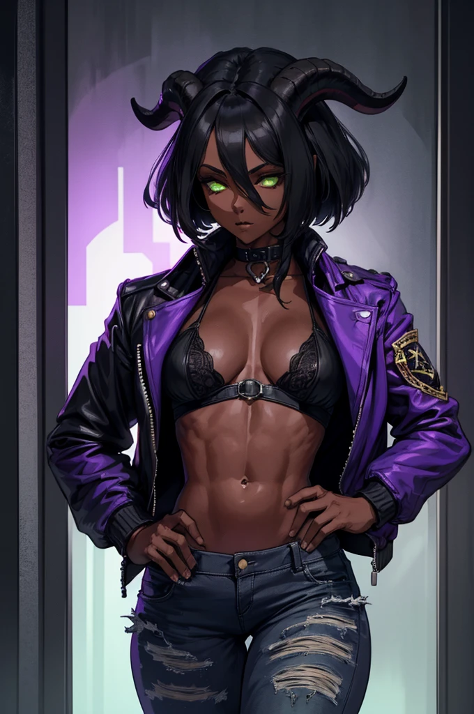 (Masterpiece) (High Detail) (High Res) (Black Skin) Looking from above A young black humanoid FutEred with dark skin and ebony flesh and green eyes and short black hair and goat ears and short dark goat horns and a toned  body and small to average breasts dressed like a punk wearing a purple jacket and jeans