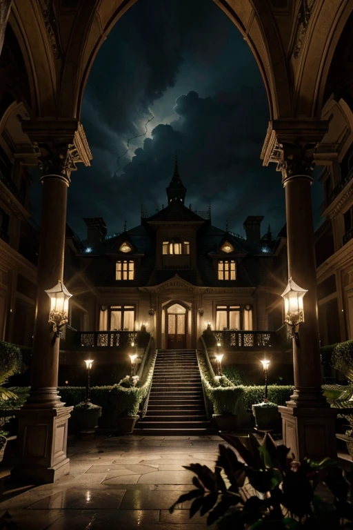 (best quality,4k,8k,highres,masterpiece:1.2),ultra-detailed,(realistic,photorealistic,photo-realistic:1.37),mansion on a cliff,dark and mysterious atmosphere,"ethereal moonlight,soft and moody lighting,shadows dancing in dim lights",elegant mansion with Gothic architecture,arched windows and doors,outdoor terrace overlooking the ocean,ancient stone staircase winding down the cliff,lush greenery and vibrant flowers surrounding the mansion,tall and imposing cliffs with crashing waves below,stormy sky with dark clouds and flashes of lightning,exquisite details on the mansion's exterior,intricate carvings and ornamentation on the walls,a grand entrance showcasing a magnificent double door,leading to a hallway with a sweeping staircase,opulent interior with high ceilings and elaborate chandeliers,"opulent ballroom with polished marble floors and crystal chandeliers,where elegance meets opulence",dark wood furniture with luxurious velvet upholstery,"a grand dining hall with a long table set for a lavish feast",richly decorated bedrooms with canopy beds and antique furniture,mystical aura surrounding the mansion,whispers of forgotten secrets,spirits lurking in the shadows,secrets waiting to be discovered.