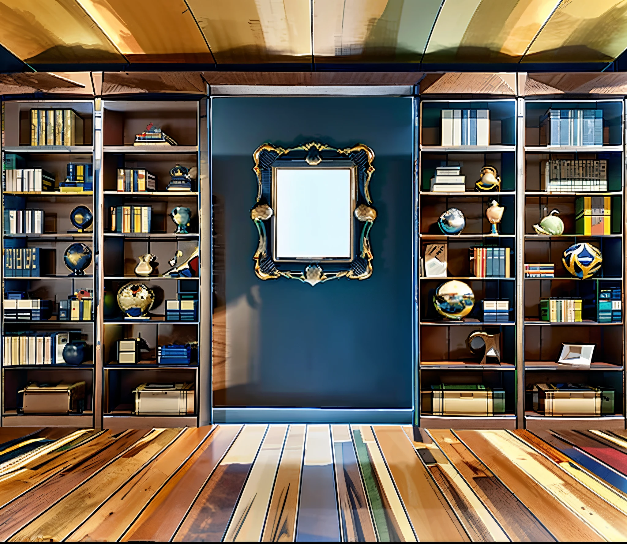 There are two large display boxes in the middle of the large bookshelf, surrounded by trophies, The shelf  full of medals, Honor Book, force, actual, Positive point of view, 8K, k hd, 4K, Exquisite, Exquisite, Immersive details.