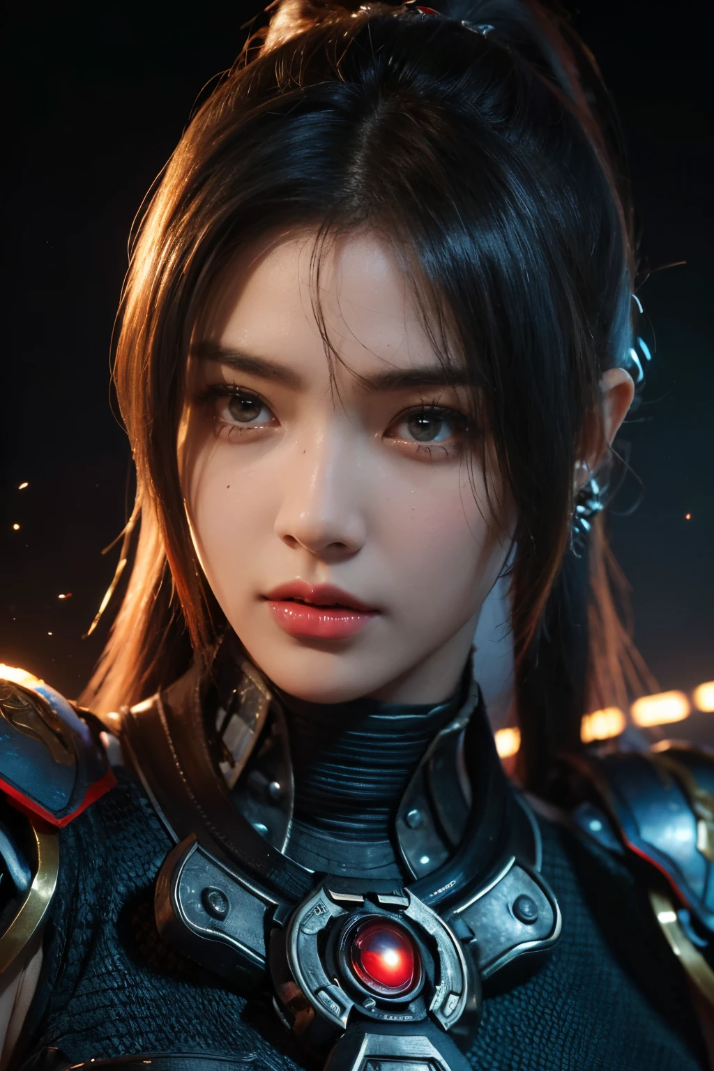 tmasterpiece,Best quality,A high resolution,8K,(Portrait),((Head close-up)),Real photos,digital photography(Women who combine ancient fantasy style with futuristic cyberpunk style),20岁女孩,Long ponytail hairstyle,By bangs,(Random Color Eyes),(Random-colored hair),Plump,,Elegant and noble,Serious and indifferent,Clothes that combine ancient costumes with modern combat uniforms,Shoulder armor,Openwork design,rich details​,Keep your mouth shut,Intricate ornaments,cyber punk style,(Woman warrior),white backgrounid,oc render reflection texture