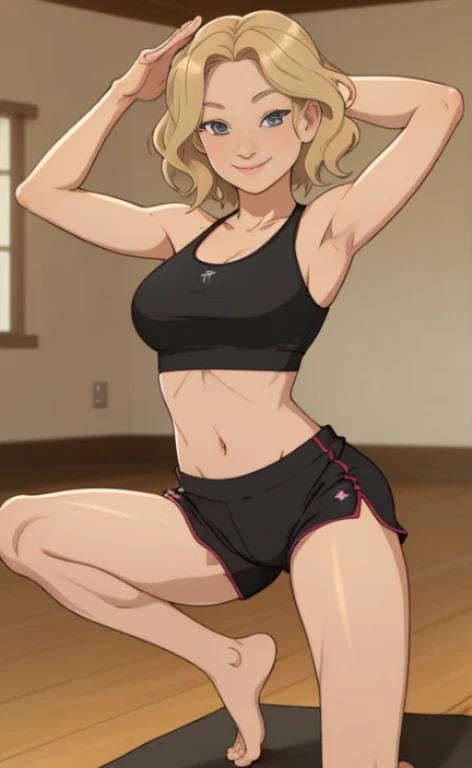 A beautiful blonde barefoot woman, with short wavy hair, wearing a  black sportsbra and sportsshorts, doing the yoga lotos pose, looking happy.