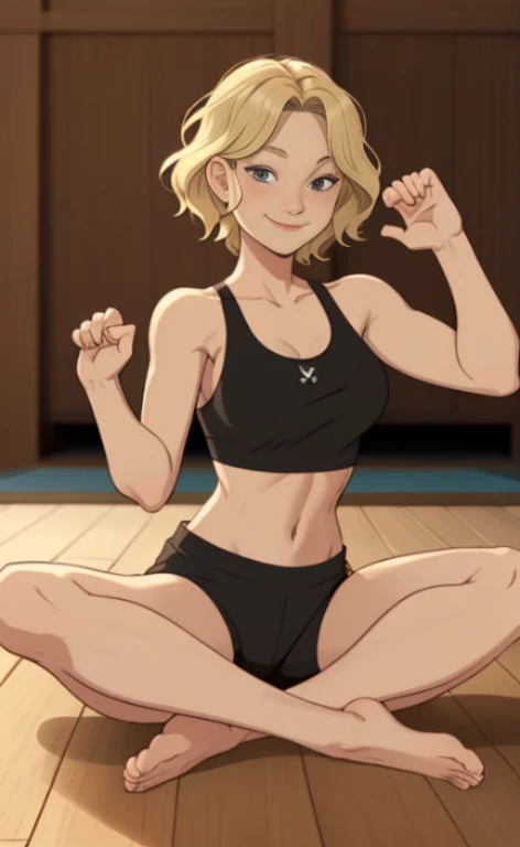 A beautiful blonde barefoot woman, with short wavy hair, wearing a  black sportsbra and sportsshorts, doing the yoga lotos pose, looking happy.