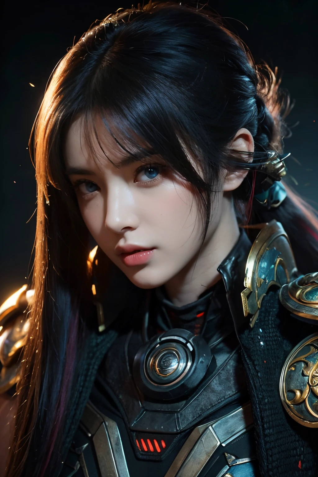 tmasterpiece,Best quality,A high resolution,8K,(Portrait),((Head close-up)),Real photos,digital photography(Women who combine ancient fantasy style with futuristic cyberpunk style),20岁女孩,Long ponytail hairstyle,By bangs,(Random Color Eyes),(Random-colored hair),Plump,,Elegant and noble,Serious and indifferent,Clothes that combine ancient costumes with modern combat uniforms,Shoulder armor,Openwork design,rich details​,Keep your mouth shut,Intricate ornaments,cyber punk style,(Woman warrior),white backgrounid,oc render reflection texture