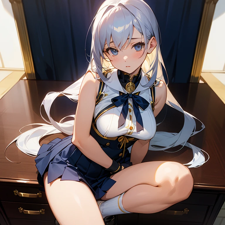 ultra detailed game CG, (High resolution:1.1),(absurderes:1.1), Best Quality, Ultra high definition, The highest resolution, Very detailed, Anime, 1girl in, Cornelian cherry, Silver hair, Mini skirt, frilld, (Lying down:1.1), legs up, spread legs, (White panty:1.2), cleavage of the breast, bar counter