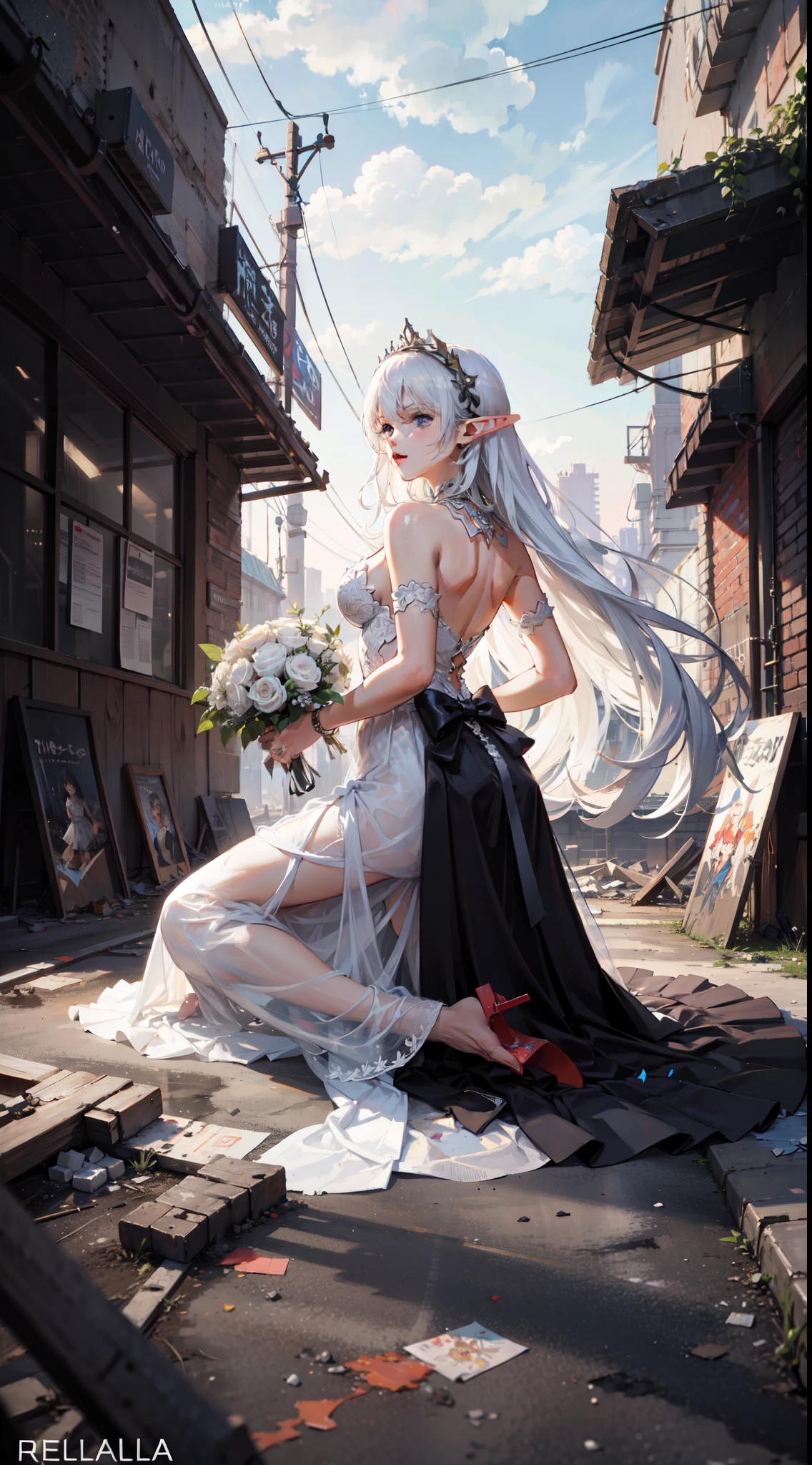 A beautiful elf girl in torn dirty wedding dress kneeling amidst rubbles of a war-torn fallen city, (people running), smoke, smog, light particles, fire, somber, innocence and devastation, (elf), 1girl, Bangs, sidelock, white hair, blue eyes, UHD, HDR, Colored pencil drawing, Broken Glass effect, aesthetic, art style by Artgerm, Yusuke Murata, very intricate and hyper-detailed Composition by Rella