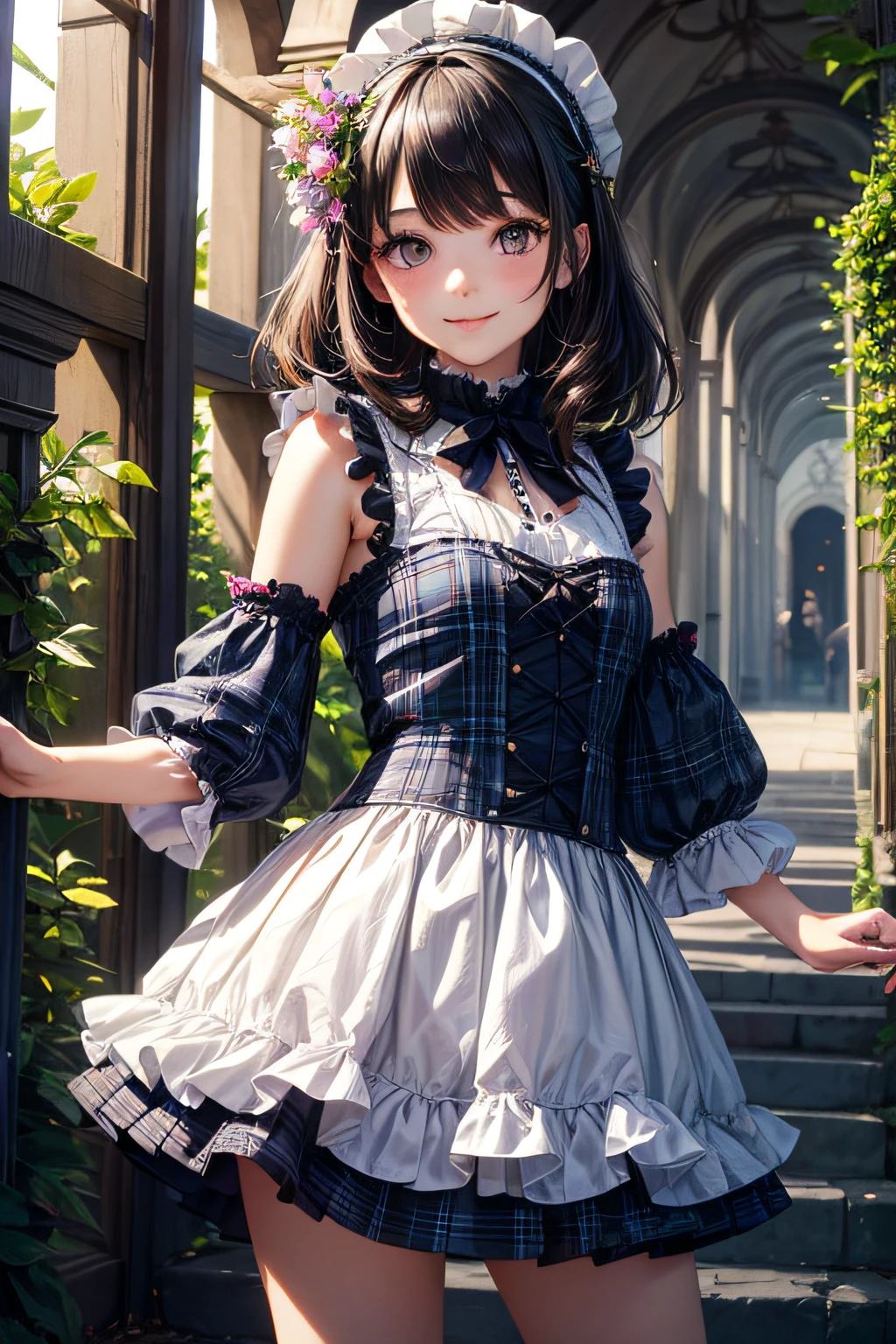 Very cute and beautiful girl,(very detailed beautiful face and eyes:1.2),
Smile,Black hair,Dynamic Pose,Beautiful legs,(Cowboy Shot),
Blue plaid lolita dress with detailed ruffles,
Palace Gate,shrubbery,Small flowers,Distant trees々,
(Best Quality,masutepiece:1.2),Intricate details,hight resolution,1 girl,Solo,Cinematic lighting,