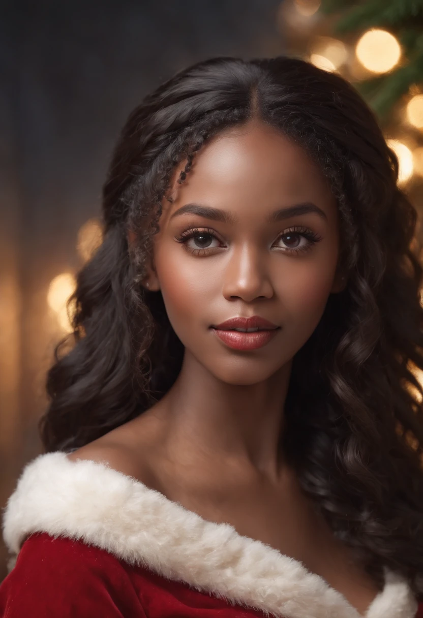 Dark African skin, Very deep ebony skin, Its beauty undeniable, Excited cute face, Full Body, naked, Ultra-detailed perfect eyes, Seductive, sexy, African long curly African ponytail, Braided African hair, a cute African girl Santa Claus, red shoes, illustrations, ultra-detailed, high-quality (best quality, 4k, 8k, highres, masterpiece:1.2), portrait, vivid colors, warm color tones, realistic (photo-realistic:1.37), festive atmosphere, jingle bells, snowflakes, cozy winter scene, joyful expression, playful posture, winter wonderland, soft lighting, dreamy ambiance