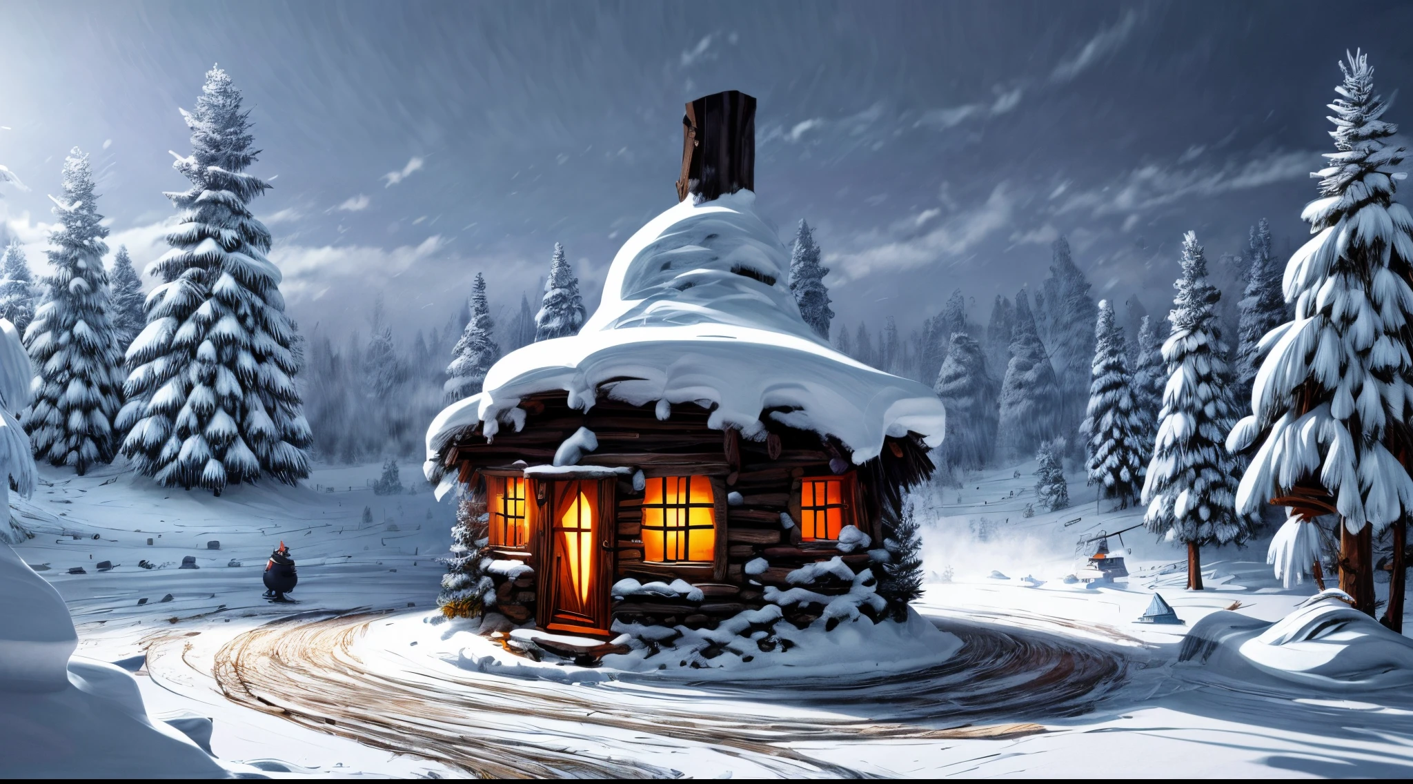 cartoon style, landscape without people depicting a winter forest in which there is a hut of an evil witch in the center of the image, ((dark winter day)), illustration for children, masterpiece, blizzard in the background, winter, falling snow, detailed, intricate, 4k, art