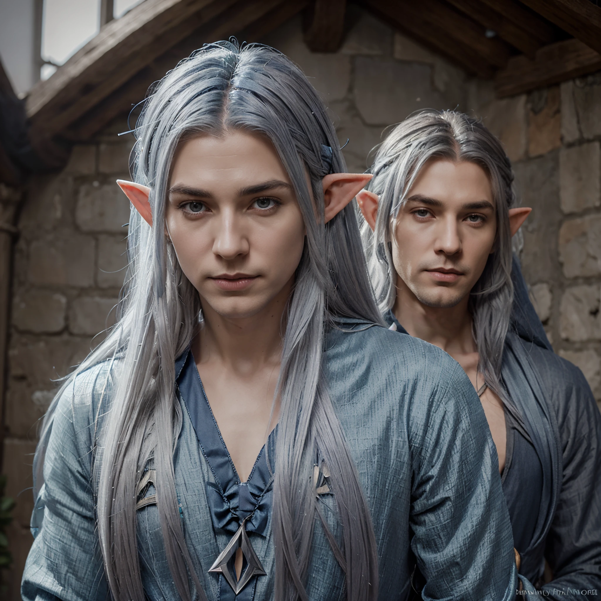 (Eladrin) (elf) (pale) (blueish grey hair) (long hair) (male) (fantasy) (realistic) (bow and arrow) (dark navy blue cloak) (sword on back) (full body) (slender) (ranger)
