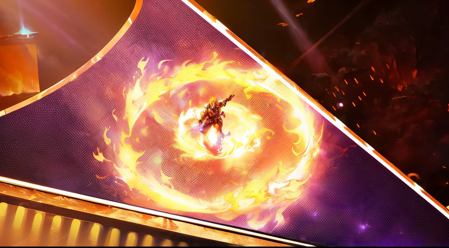 Bright image of a man doing circular motion on a skateboard, purple fire around magic arena, Holy Fire Spell Art, Flame whirlpool, fire power flames spinning, Extinguish fire, flame conjuring armored, Research the open valley portal in Hell, background artwork, Hellfire background, flame conjuring, Flames in the background, Background on fire
