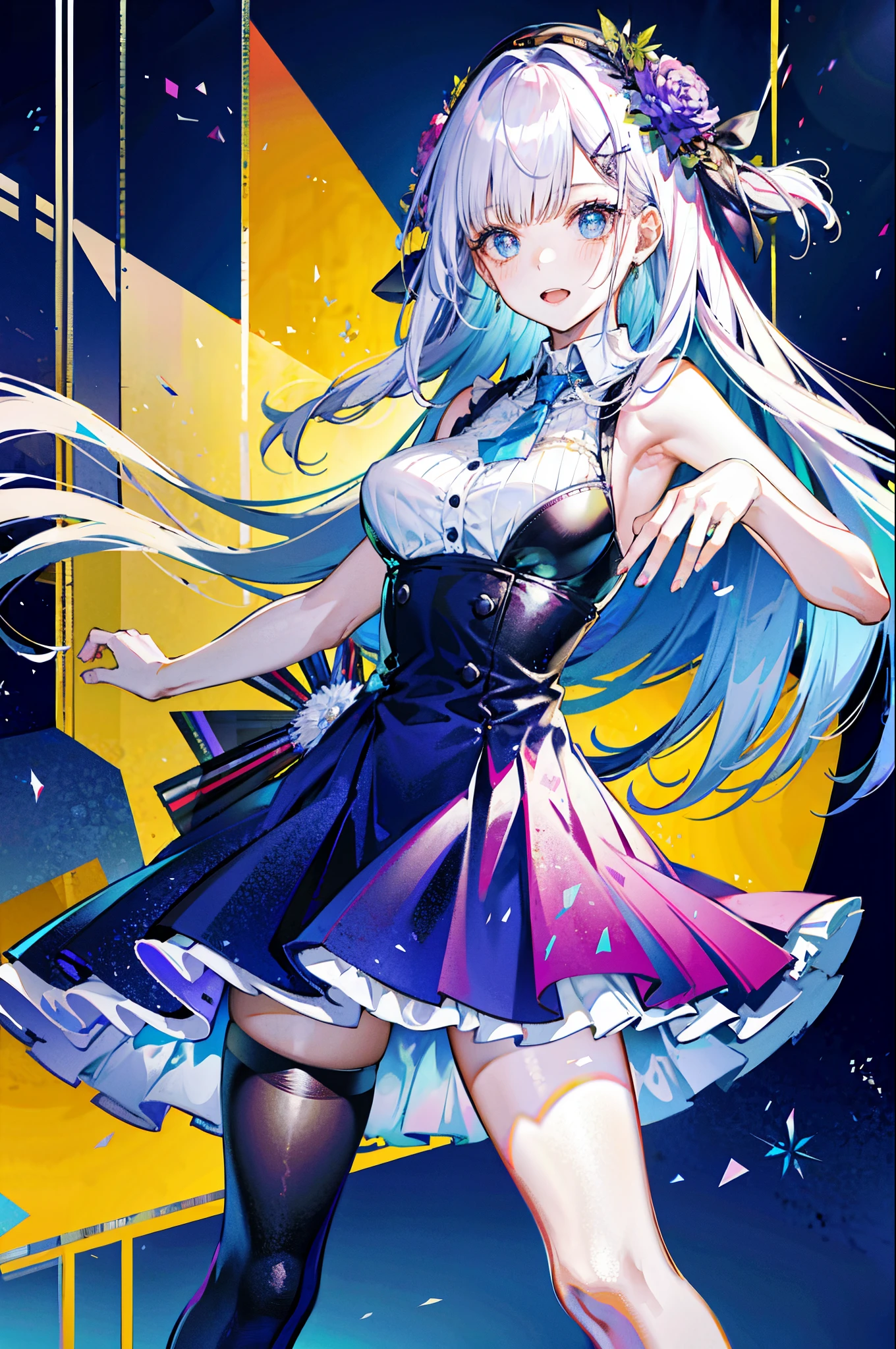 Illustration, cinematic light, high resolution, best quality, ultra detailed, detailed face, (detailed eyes), highest quality, super detailed, masterpiece, (detailed face), pretty face, best smile, sexy mature woman transparent (cute t-shirt) cloth, floating cloth, see-through, choker, , D cup, cleavage: 2, NSFW, high heels, blue eyes, neon small shiny hair edges, ruffled mini skirt, AI fantasy concert, glowing lighting with neon details, holding a microphone in left hand and singing: 15, black magic 💕, (live stage: 1.15) in the background audience, butt sticking out and singing, light reflection, heart-shaped iris, playful eyes, open shoulders, rain, (wet body), small glowing butterfly, hair jewelry, panties, (cute embroidered white string panties)