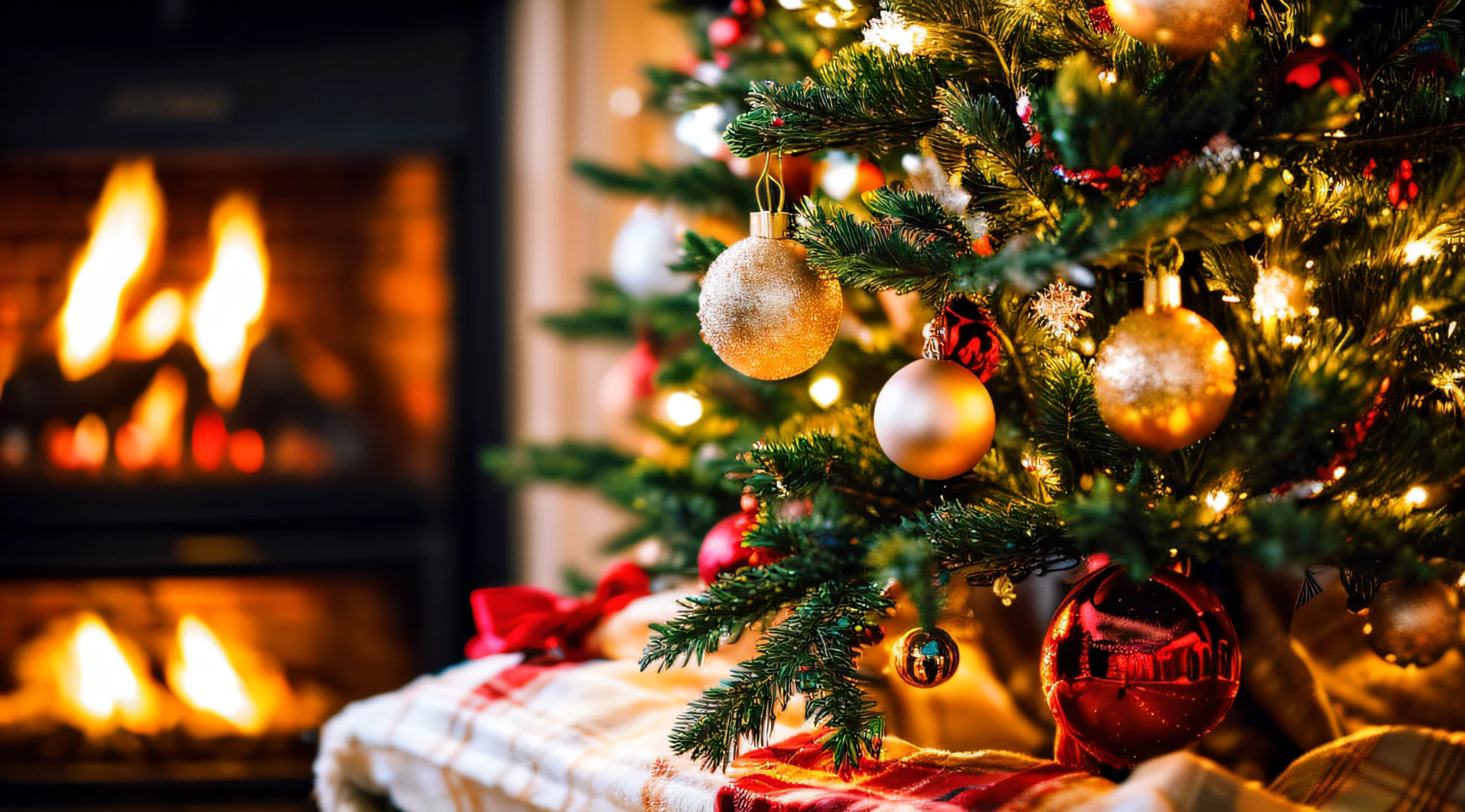 Well decorated Christmas tree, sparkling christmas tree,fireplace, subtle lighting,depth of fields、​masterpiece、Top  Quality、The ultra-detailliert,(Best Quality,4k,8K,high resolucion,Masterpiece:1.2),(Photorealistic),FUJIFILM XT3,