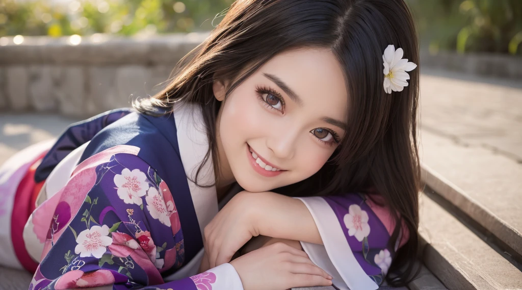 (full body Esbian)、absurderes、masterpiece:1.2、hightquality、top-quality、hight resolution、detaileds、A hyper-realistic、Princess 1、Black hair、Beautiful purple eyes、tilt of the head、Lovely smile、(A detailed face)、Kimono with beautiful pink sleeves 、((foco nítido))、morning sunlight