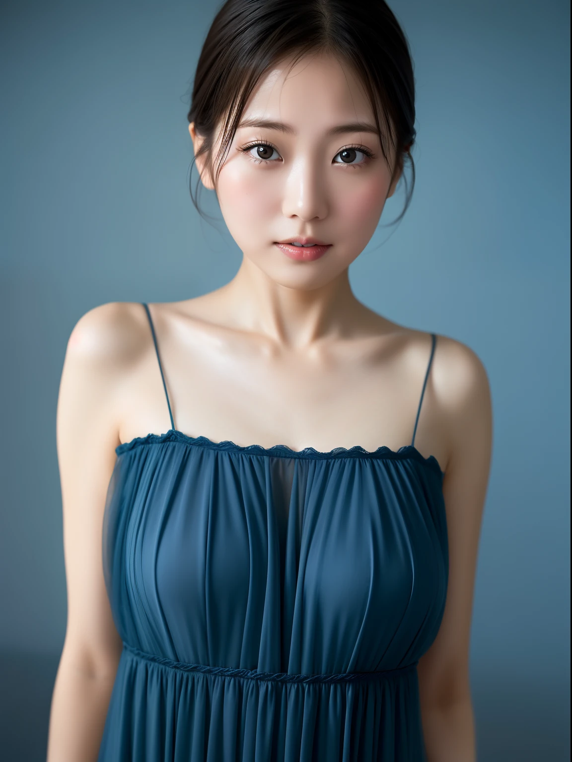 Interesting perspective [Young japanese lady]. kawaii faces、Young face、large full breasts、A translucent dark blue chiffon dress against a calm background.、Makes you feel as calm as a starry sky、Tilt-shift effect. Shot with Fujifilm GFX 100