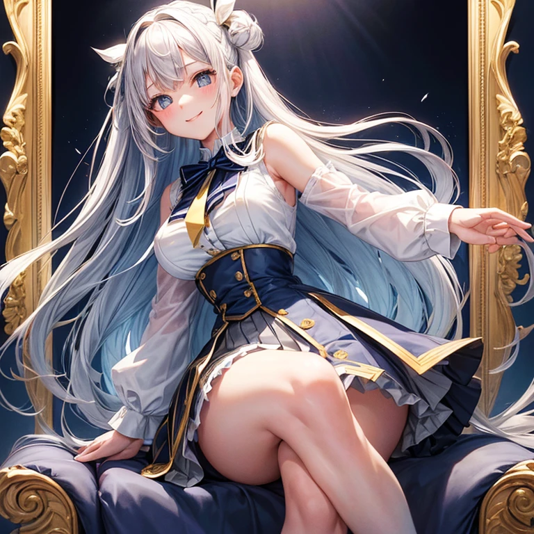 Portrait of a girl with long silver hair、Sleeveless, High collar white button front shirt、Navy cameo ribbon tie with gold trim、Dark blue cameo with golden border and white female silhouette.、Navy blue high waist flared miniskirt with bustier、white voluminous underskirt、The skin of white socks above the knee、Bright smile