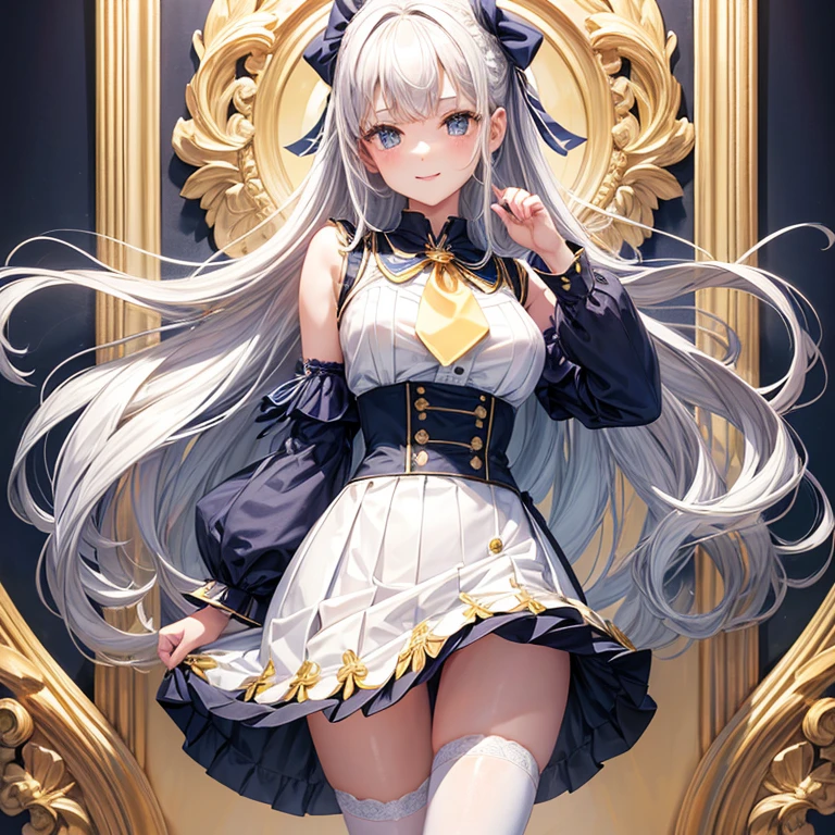Portrait of a girl with long silver hair、Sleeveless, High collar white button front shirt、Navy cameo ribbon tie with gold trim、Dark blue cameo with golden border and white female silhouette.、Navy blue high waist flared miniskirt with bustier、white voluminous underskirt、The skin of white socks above the knee、Bright smile