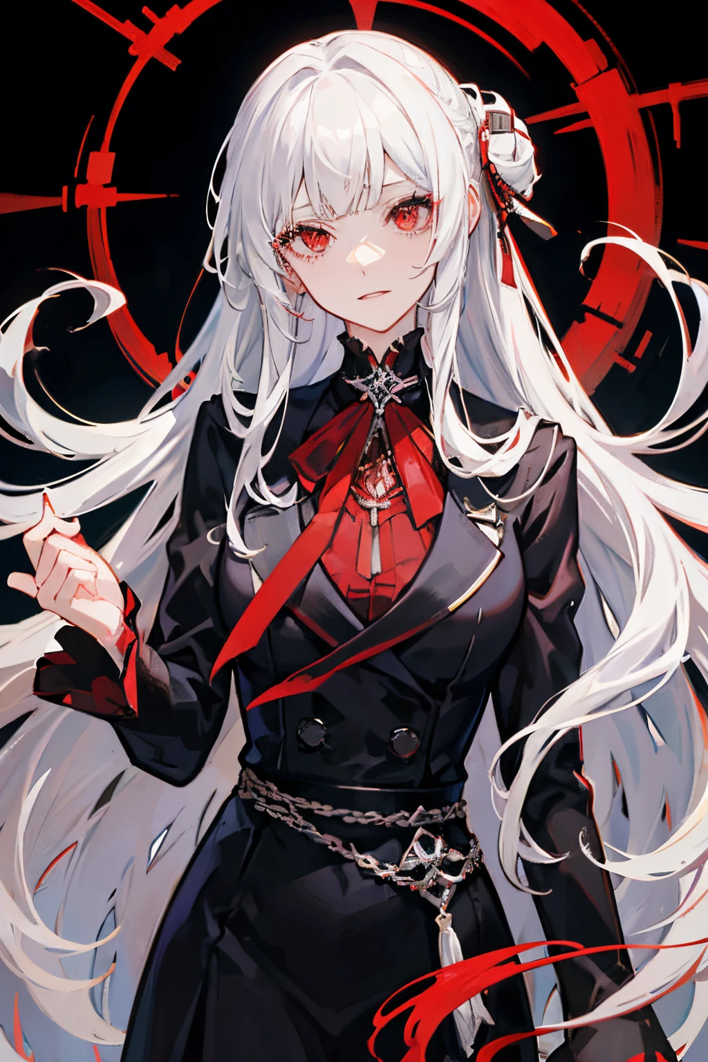 "Create an image depicting a mature woman with long white hair, her red eyes covered by a cloth, being sealed within a chaotic and devastated backdrop. She is chained by many chains, her eyes are covered with cloth, her body is filled with divine chains, she is sealed because she is a villain"