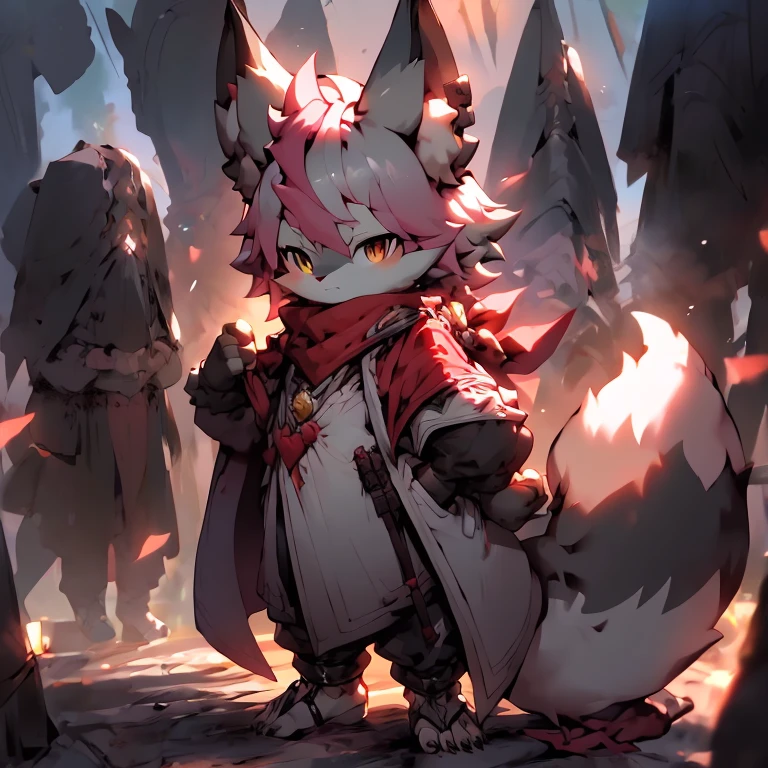 tmasterpiece, Best quality at best, white fox，red neckchief，Armed with two short knives，with pink hair，Pupils in pink color，illuminate warmly，voluminous hair，Long gray hair，large tail，There  a bell in the ear，depth of field background，Left foot shackle damaged，standing on your feet，White coat