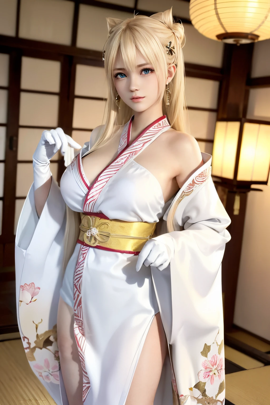 Marie rose, Blonde hair, ((16year old)), ((Straight hair, long hair, Silky hair)), eyes((smart eyes, hazel)), clothes((kimono, white)), hair bun, earrings, gigantic boobs, bouquet, white long gloves, Japanese house, lantern, Japanese ornament room,