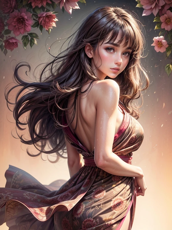 A beautiful pre-adult model, looking back, eye contact, kind simle, glossy lips, flawless soft skin, wavy dark brown hair, dynamic pose, draped flower print pattern, attractive facial expressions, wet watercolor background of brush strokes in vibrant colors, sf, epic, clear focus, high resolution, ultra-high detail, intricate, vibrant,