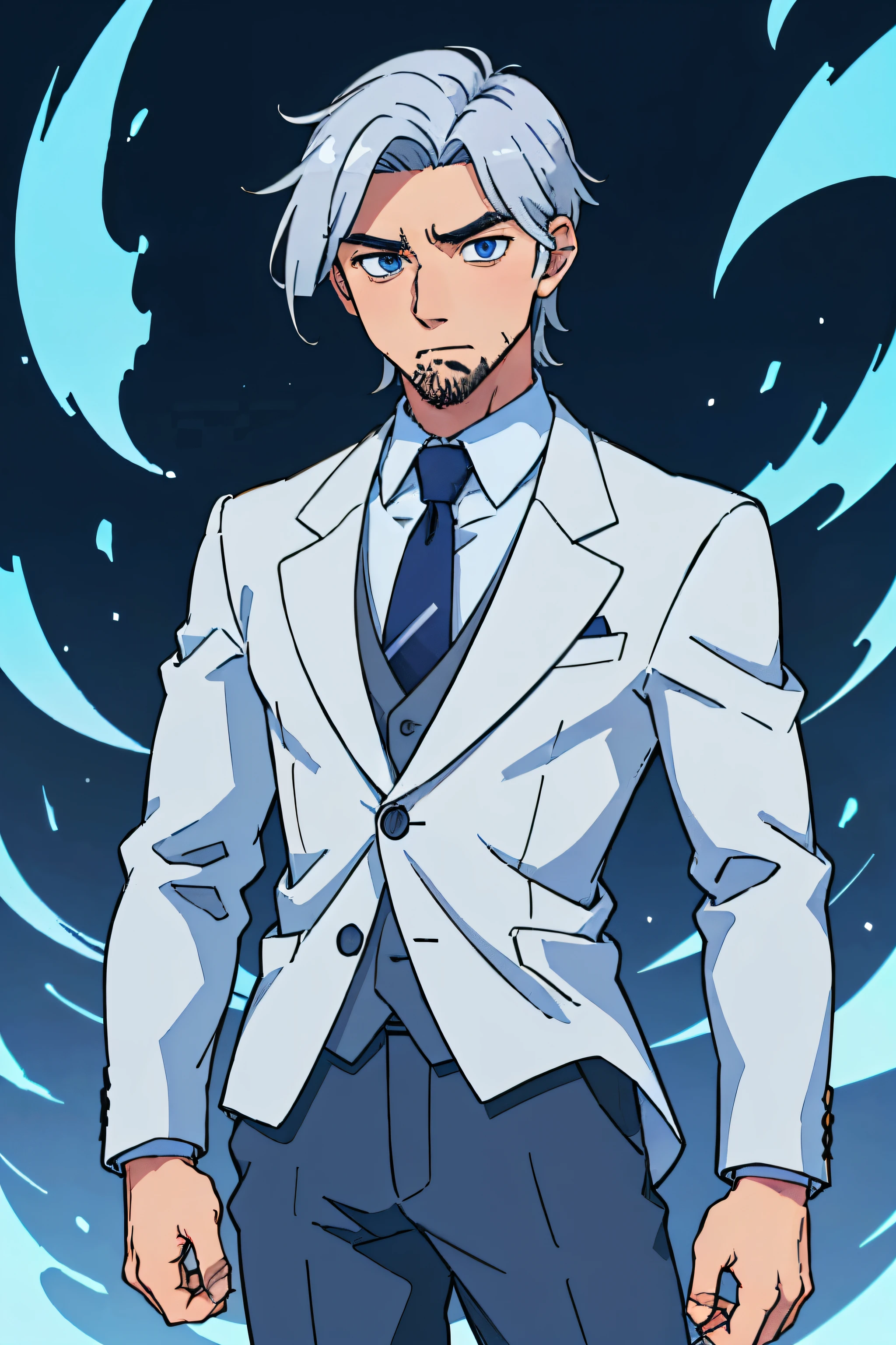 (Best quality:0.8),(Best quality:0.8),Perfect anime illustration,a tall figure、muscular white male。His silver hair and dark blue eyes make him stand out from the crowd.。His face full of traces of time,but it didn#39;t#39;Don#39;t diminish his handsome appearance。He always has a medium length beard,Wear a dark suit,Paired with a light-colored tie,The whole person exudes a gentle and rigorous temperament