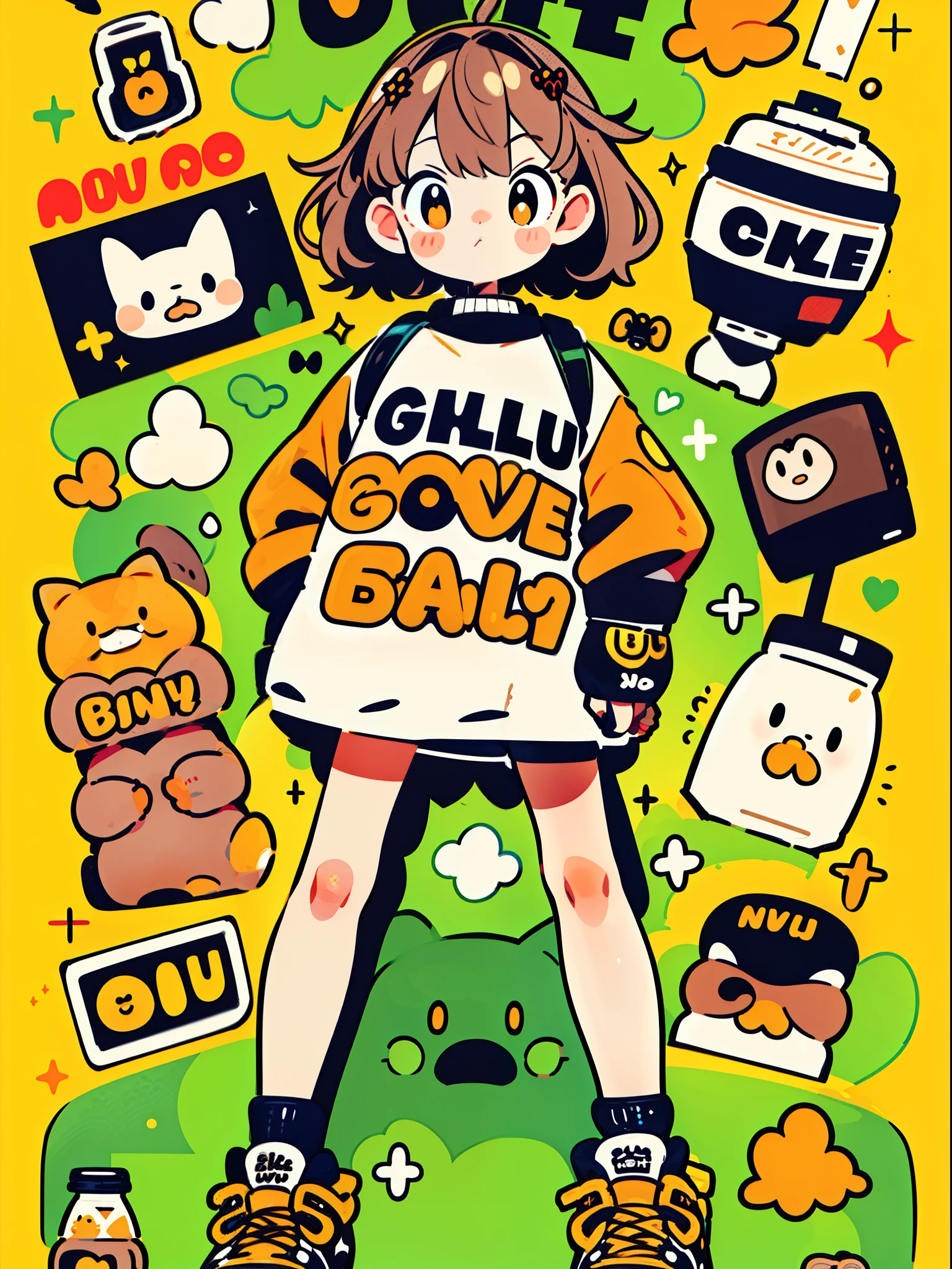 Masterpiece, best quality, high quality, ultra detailed, cute comic, full body, 1girl, solo, holding, shoes, socks, long sleeves, short hair, white background, simple background, cup, bangs, blush stickers, sitting, holding cup, ((((((Full body sitting picture, (fullbody, head and legs and shoes visible: 1.2), from head to foot))))))), big shoes, black footwear, looking at viewer, drinking straw, white socks, puffy long sleeves, brown hair, drink, holding drink, no nose, puffy sleeves, shadow, black, girl's position at the center